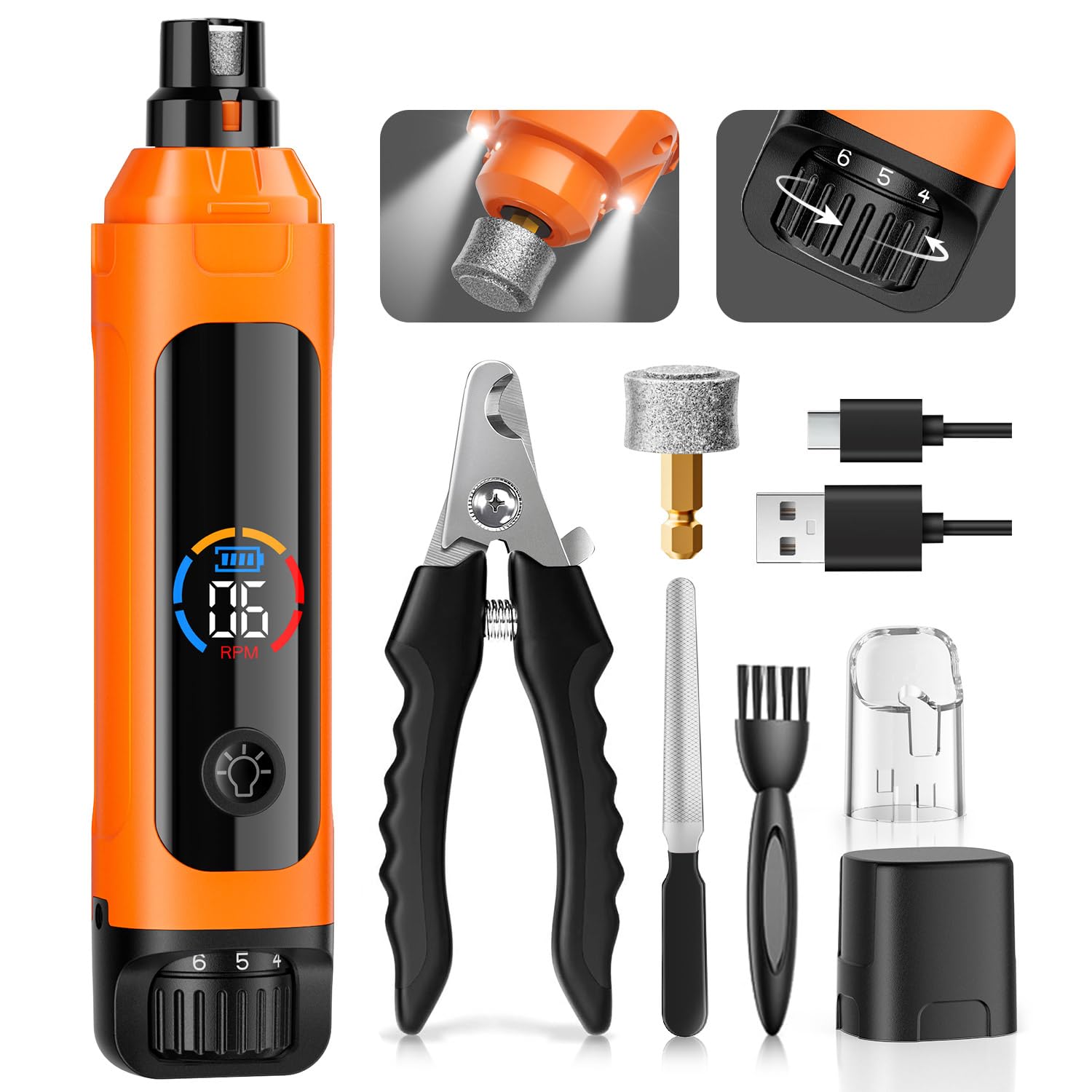 Dog Nail Grinder, 6-Speed Quiet Electric Dog Nail Trimmers, Dog Nail Clippers With File For Small Medium Large Dogs, Cats, Recha