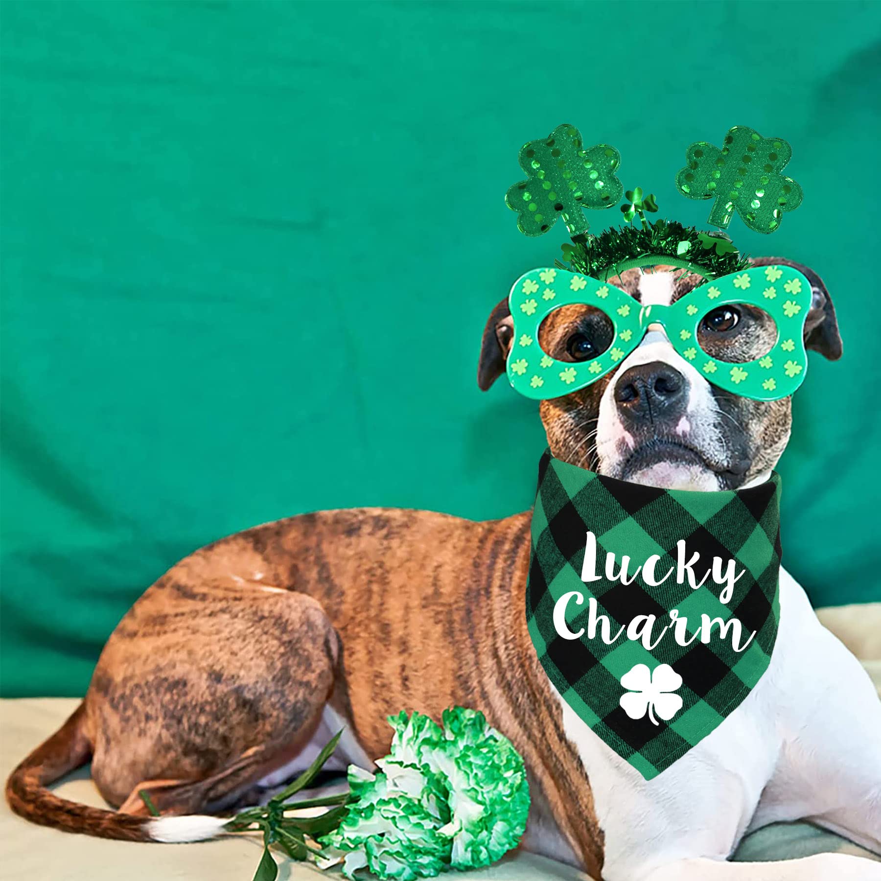 Stmk St. Patrick'S Day Dog Bandana Set, Green Plaid & Shamrock Headband, Unisex, Cotton, 30 Bandana, 8.2 X 10 Headband, Al