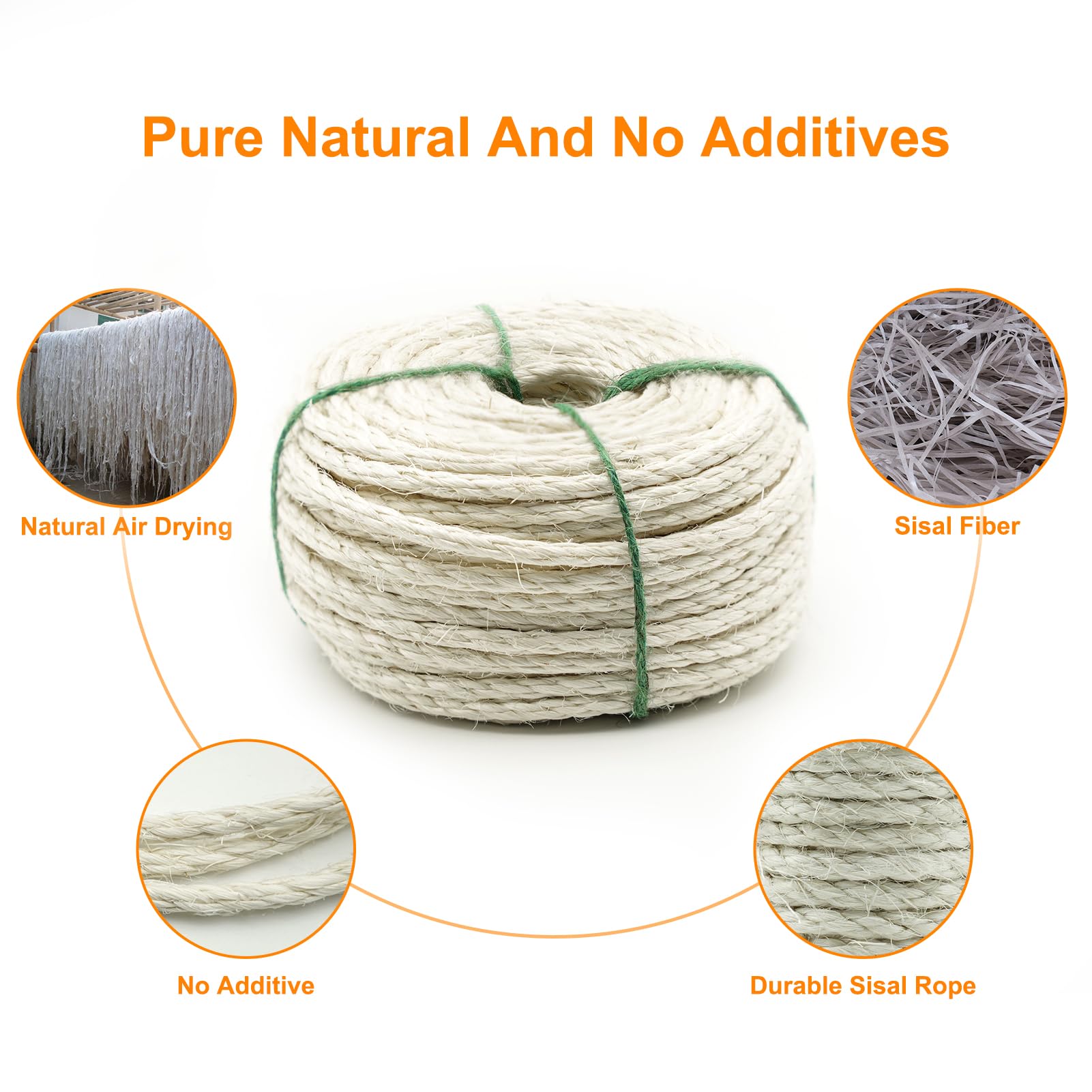 Natural White Sisal Rope For Cat Scratchers, 1/4'' Thick (164Ft) - Includes Cat Self-Groomer & Ball, Perfect For Diy Cat Posts O
