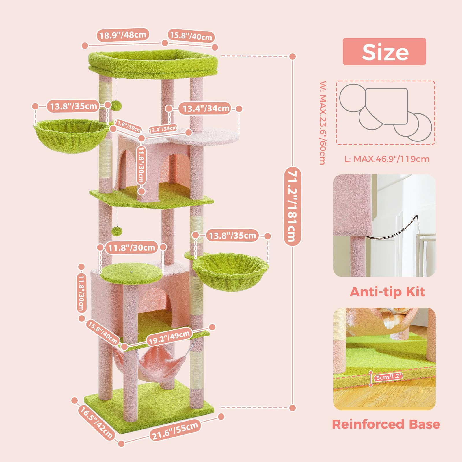 Pawz Road Tall Cat Tower, 70 Inch Cat Tree With Hammock, 5 Scratching Posts, 2 Condos And A Large Top Perches For Large Cats-Pin