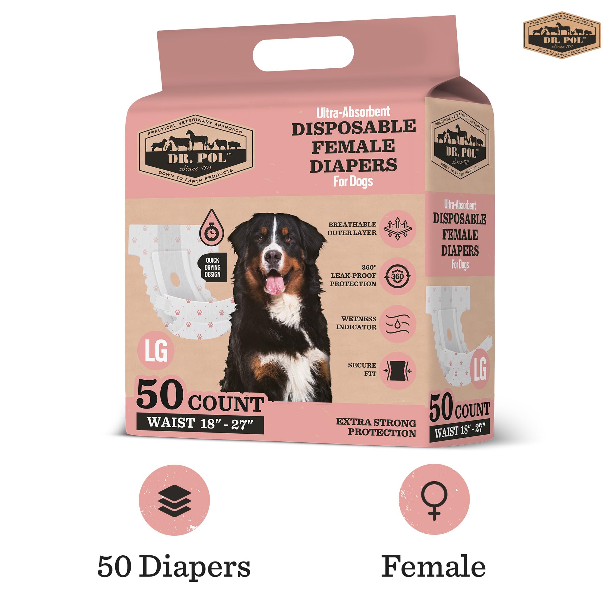 Dr. Pol Female Dog Diapers - Super Absorbent, Breathable, Leak-Proof With Wetness Indicator, Large, 50 Count