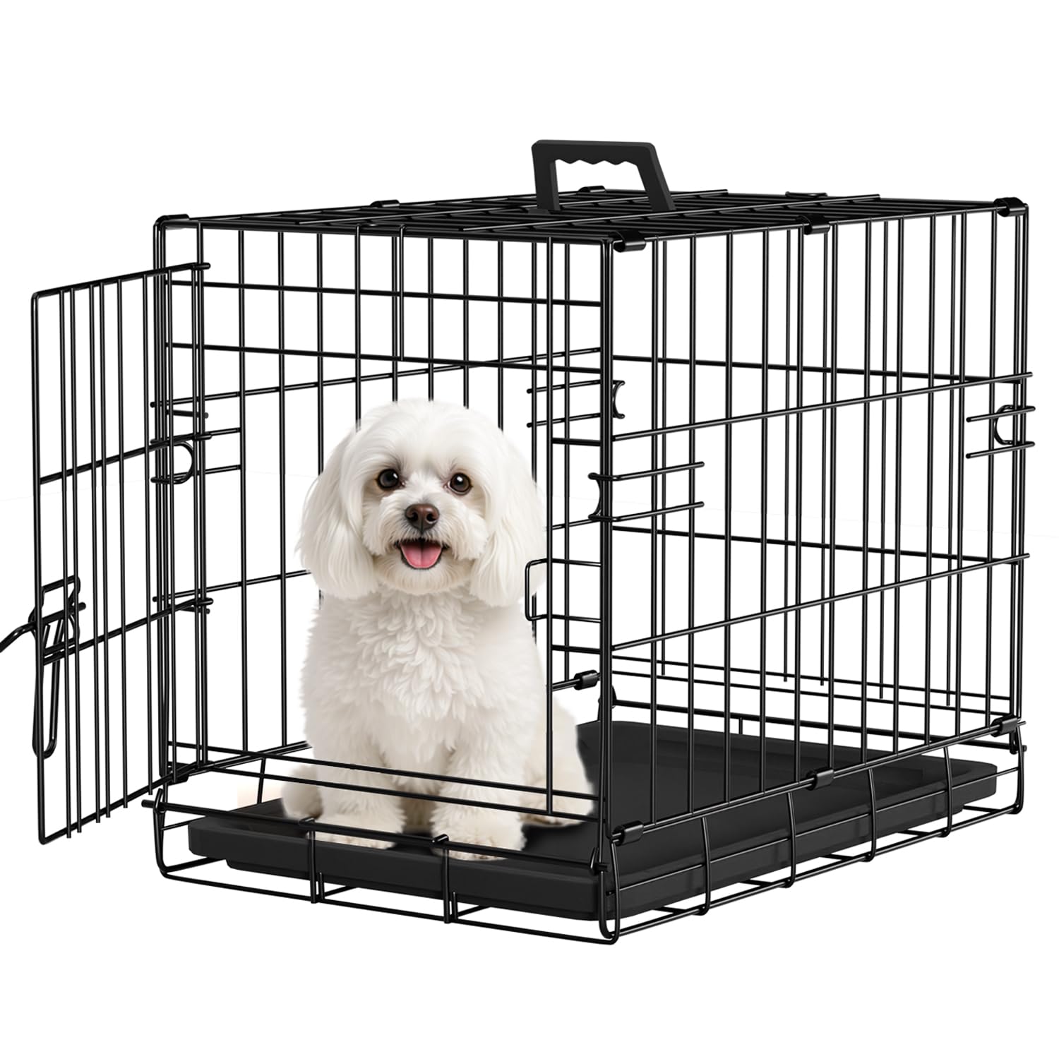 FDW Dog Crate for Small Dogs 18 Inch Folding Metal Wire Pet Cage Single Door W/Divider Panel Indoor Outdoor Kennel Leak-Proof Pl