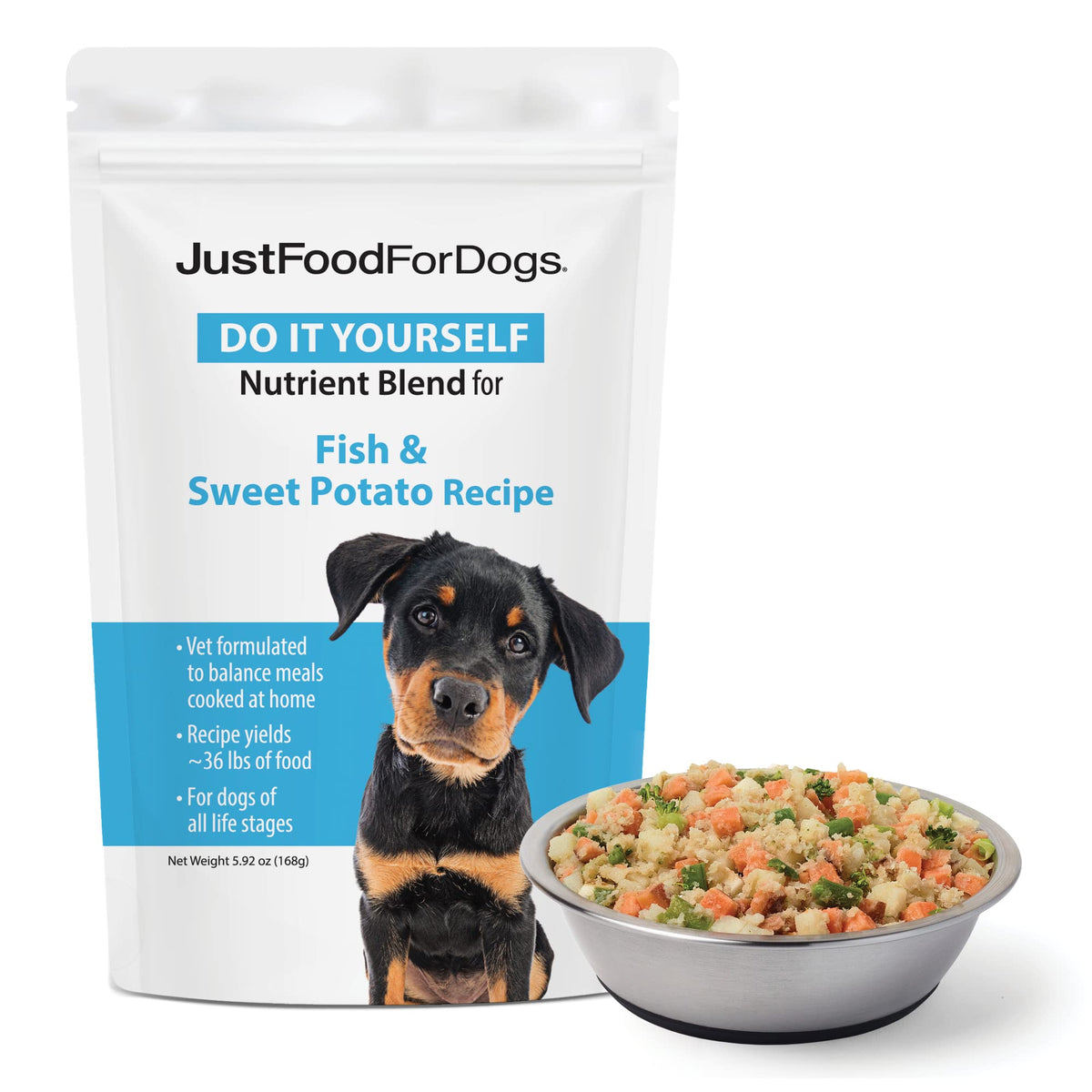 Justfoodfordogs Diy Human Quality Dog Food, Nutrient Blend Base Mix For Dogs - Fish And Sweet Potato Recipe (5.92 Oz) - Packaging May Vary