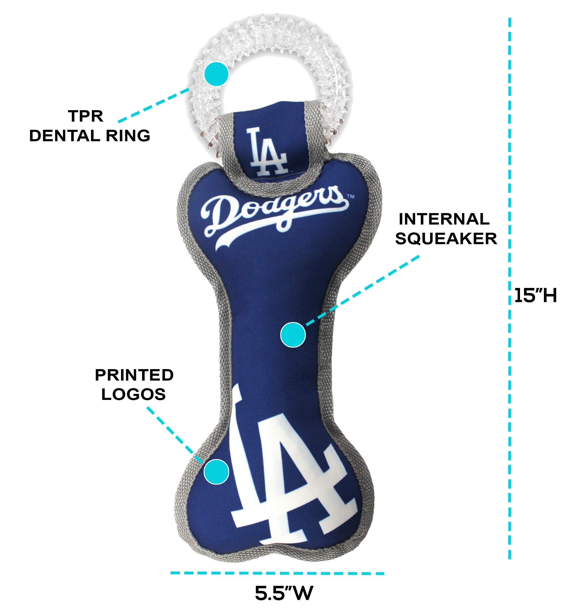 Mlb Los Angeles Dodgers Bone Shaped Dental Dog Tug Toy With Squeaker. Tough Pet Toy For Healthy Fun, Teething, And Cleaning Pet'