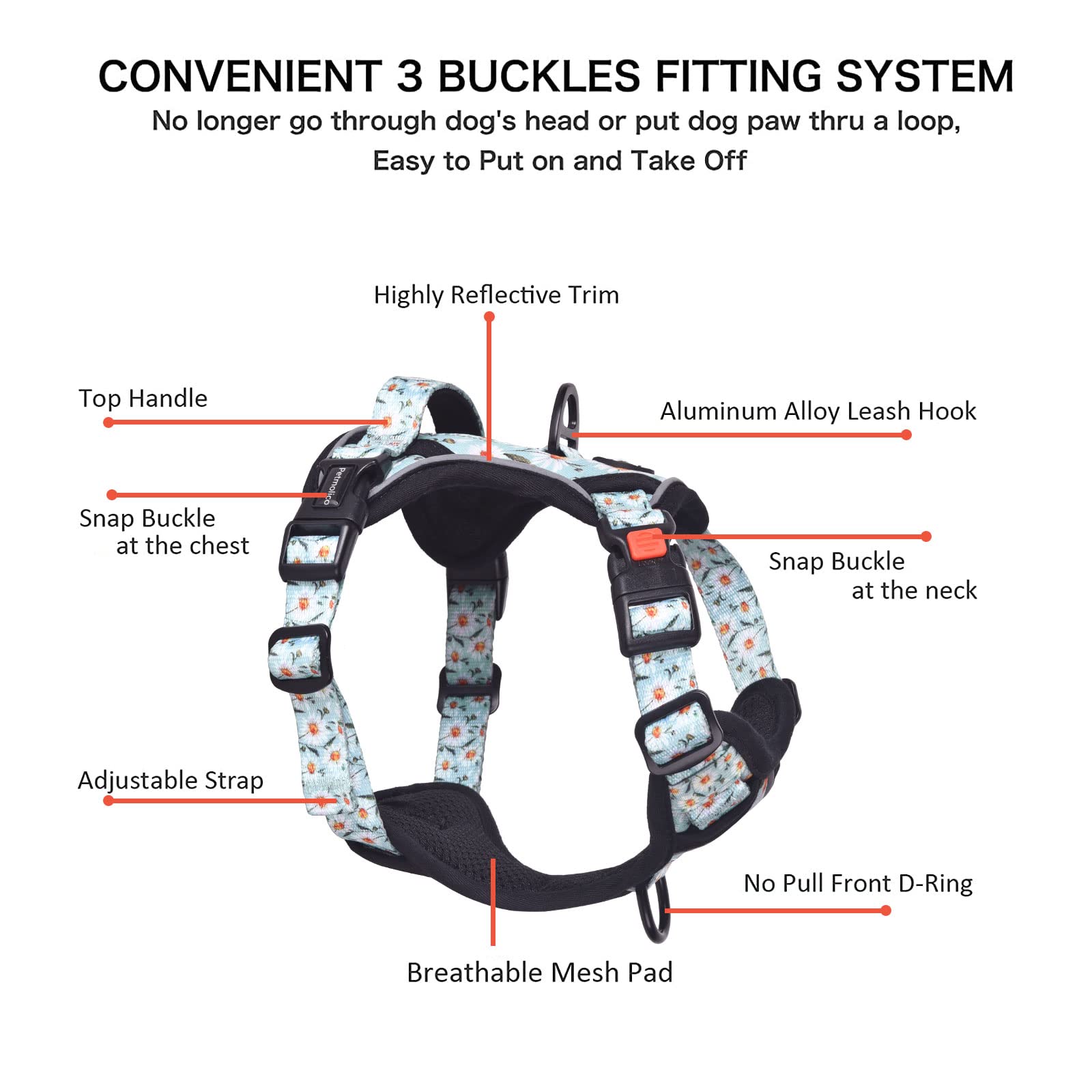 Petmolico No Pull Dog Harness Set, 2 Leash Attchment Easy Control Handle Reflective Vest Dog Harness Medium Breed, Medium Dogs Harness And Leash Set With Poop Bag Holder, Medium Daisy