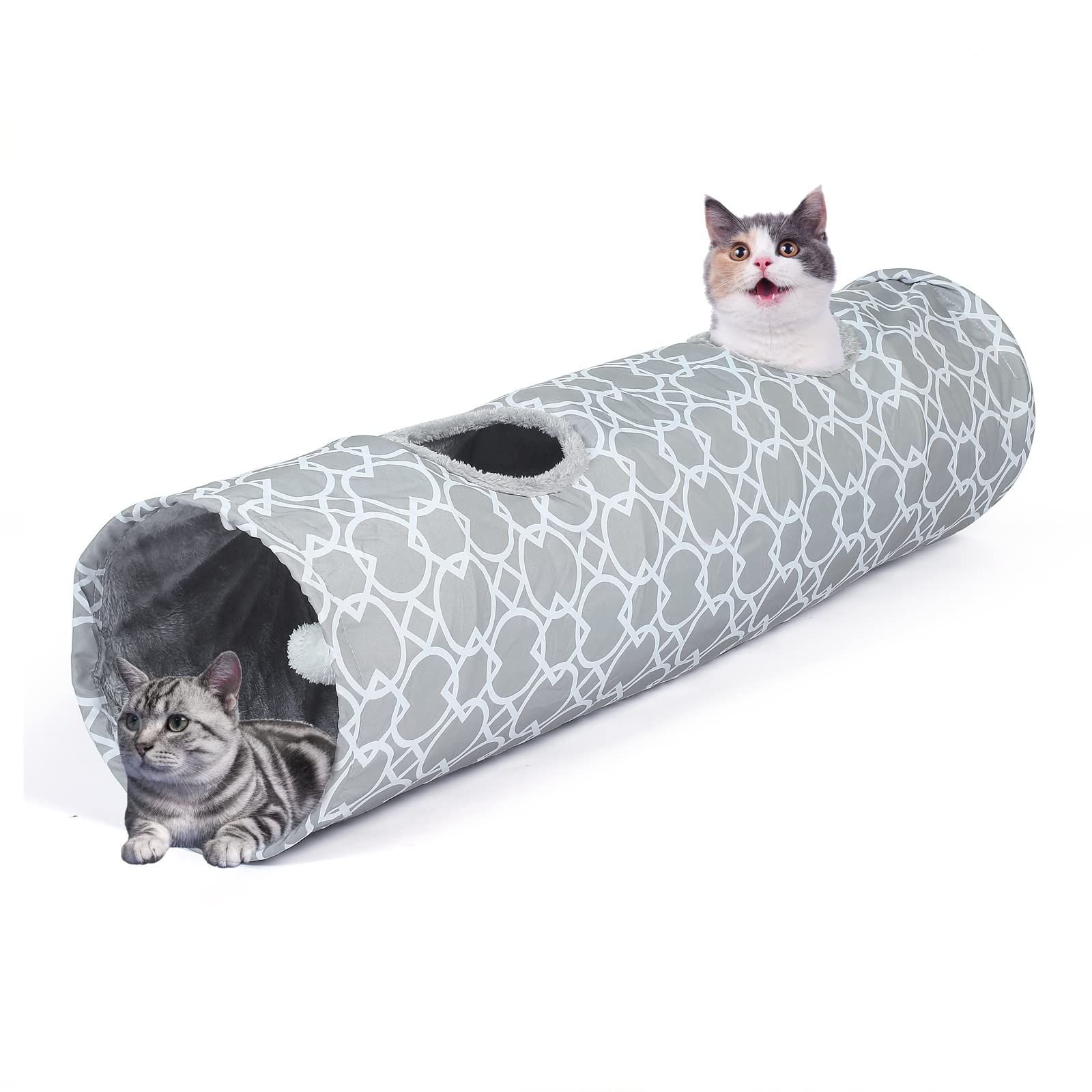 Luckitty Geometric Straight Cat Tunnel With Plush Inside,Cats Toys Collapsible Tunnel Tube With Balls, For Rabbits, Kittens, Ferrets,Puppy And Dogs,Diameter 11.8 Inch