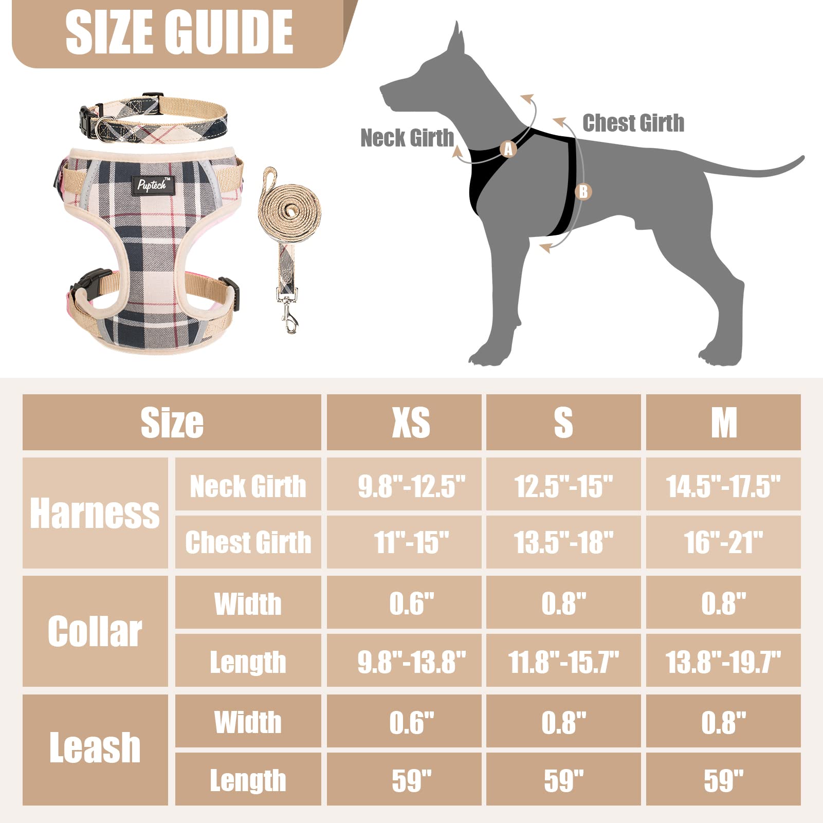 Pupteck Dog Harness And Leash Collar Set For Small Dogs Fully Adjustable No Pull Reflective Puppy Cat Soft Mesh Plaid Harnesses, Beige M
