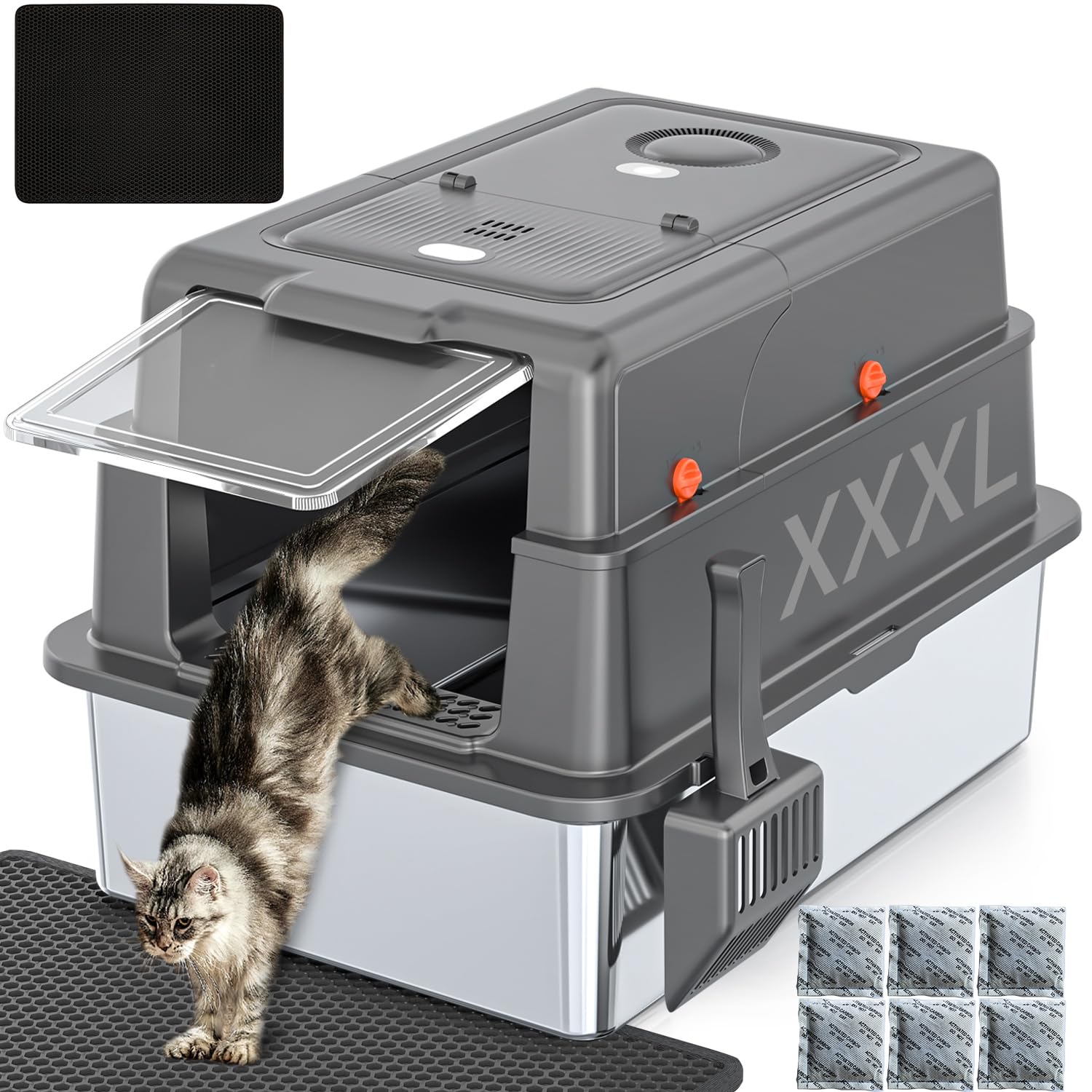 XXXL Extra Large Stainless Steel Litter Box with Lid, 28 L x 20.5 W x 17 H Covered Stainless Steel Litter Box, Multiple Natural 