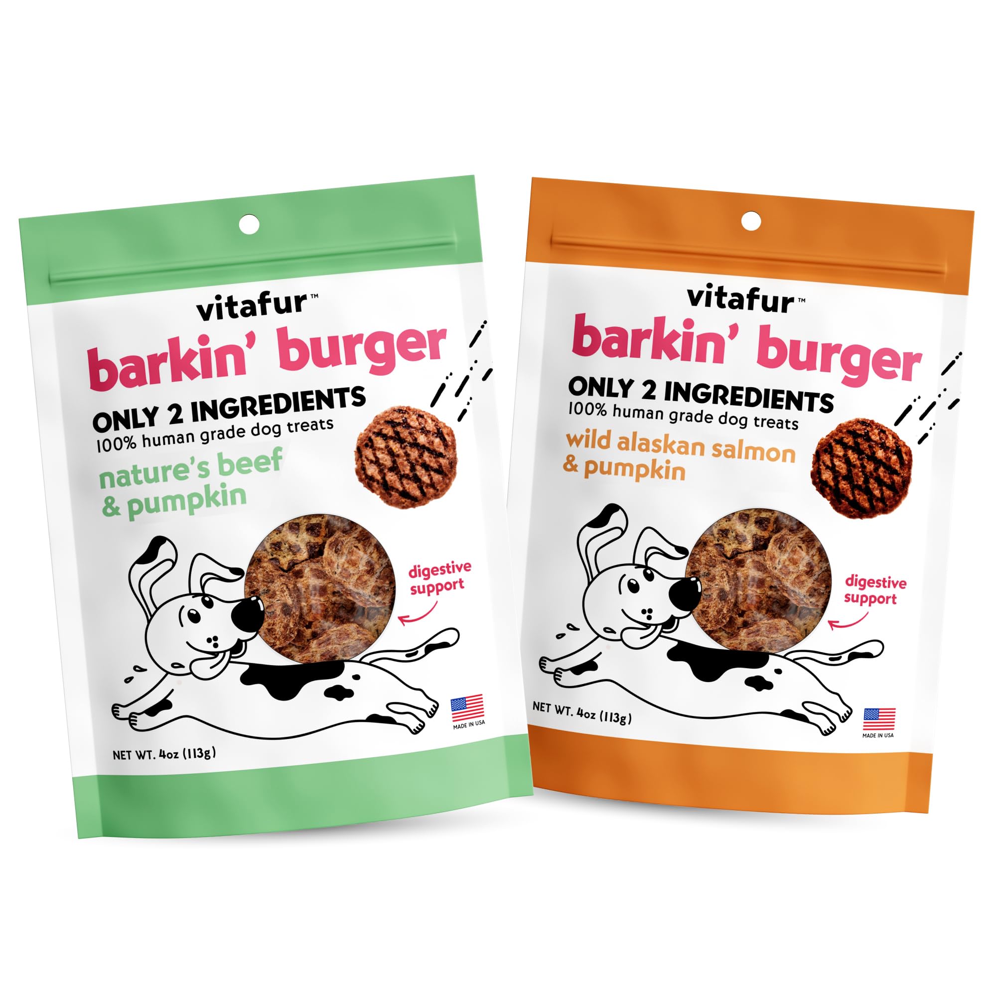 Vitafur Barkin Burger Dog Treats Variety Pack - Beef & Pumpkin + Salmon & Pumpkin, 2-Pack, Made in USA, Grain Free, Human-Grade,