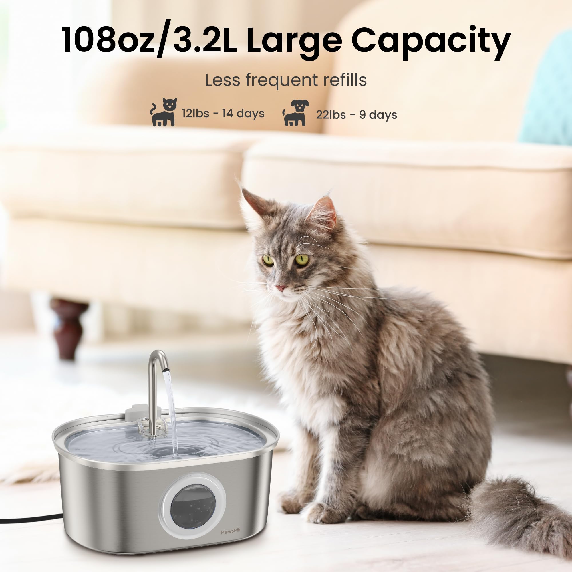 Pawspik Stainless Steel Cat Water Fountain, 108 Oz/3.2 L Automatic Cat & Dog Water Dispenser With Detachable Tank, Quiet Pump