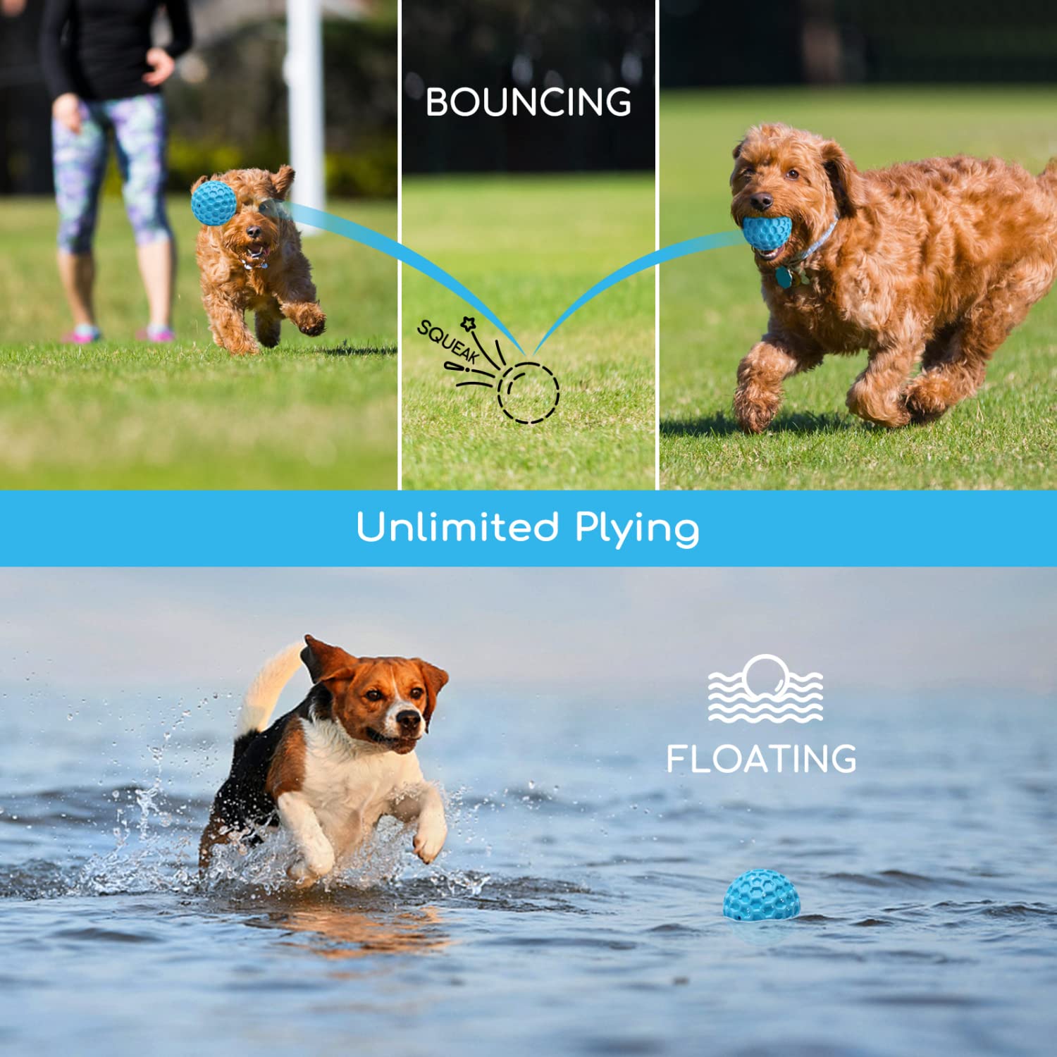 Nobleza Squeaky Dog Ball, Durable Bouncy Floatable Dog Balls For Chewing And Teeth Cleaning, Interactive Natural Rubber Lightweight Dog Toy Ball For Small And Medium Dogs, 3.15 In, Blue