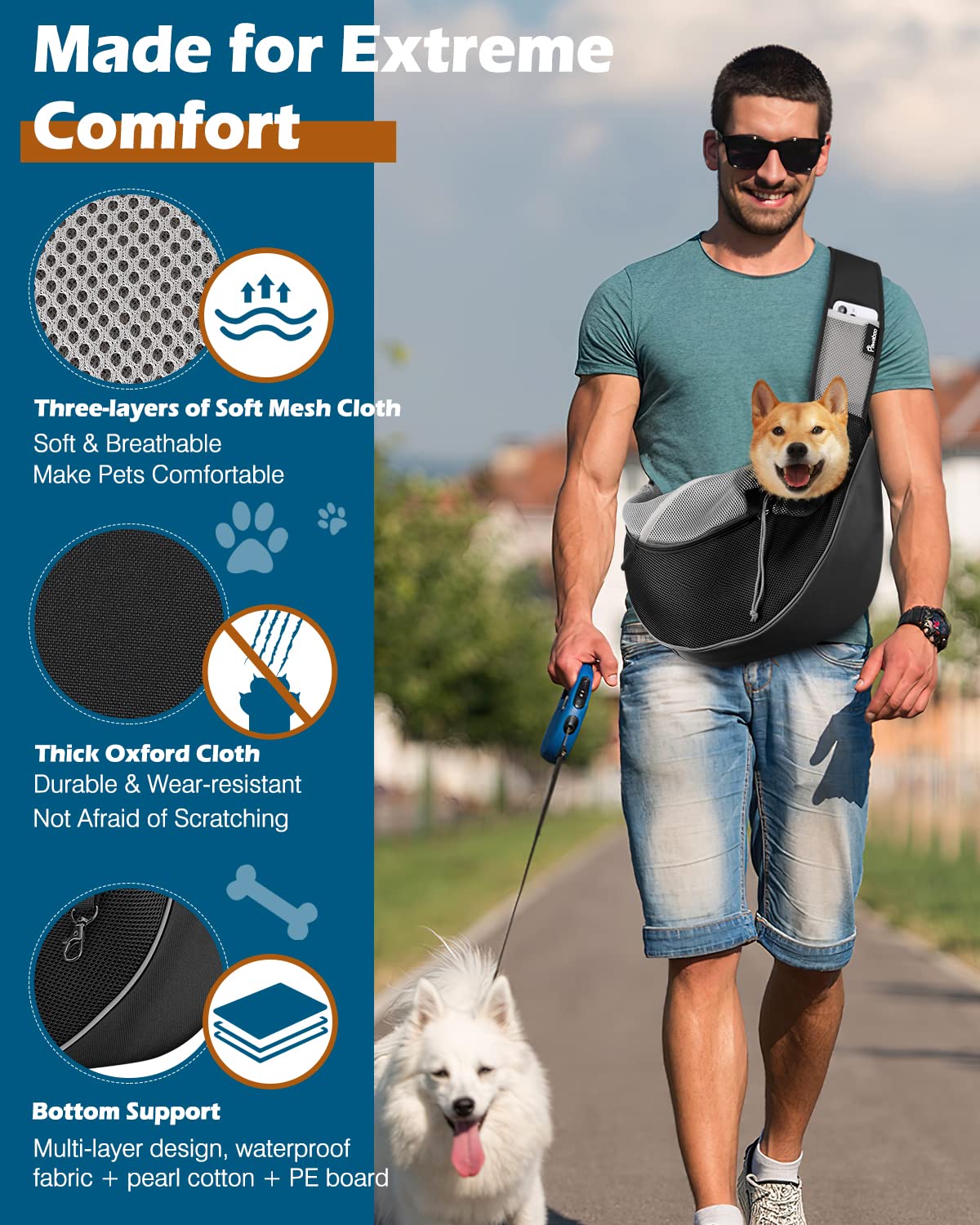 Pawaboo Dog Sling Carrier - Large Black Papoose with Adjustable Strap & Zipper Pocket, Breathable Mesh, Model CSDCDSV