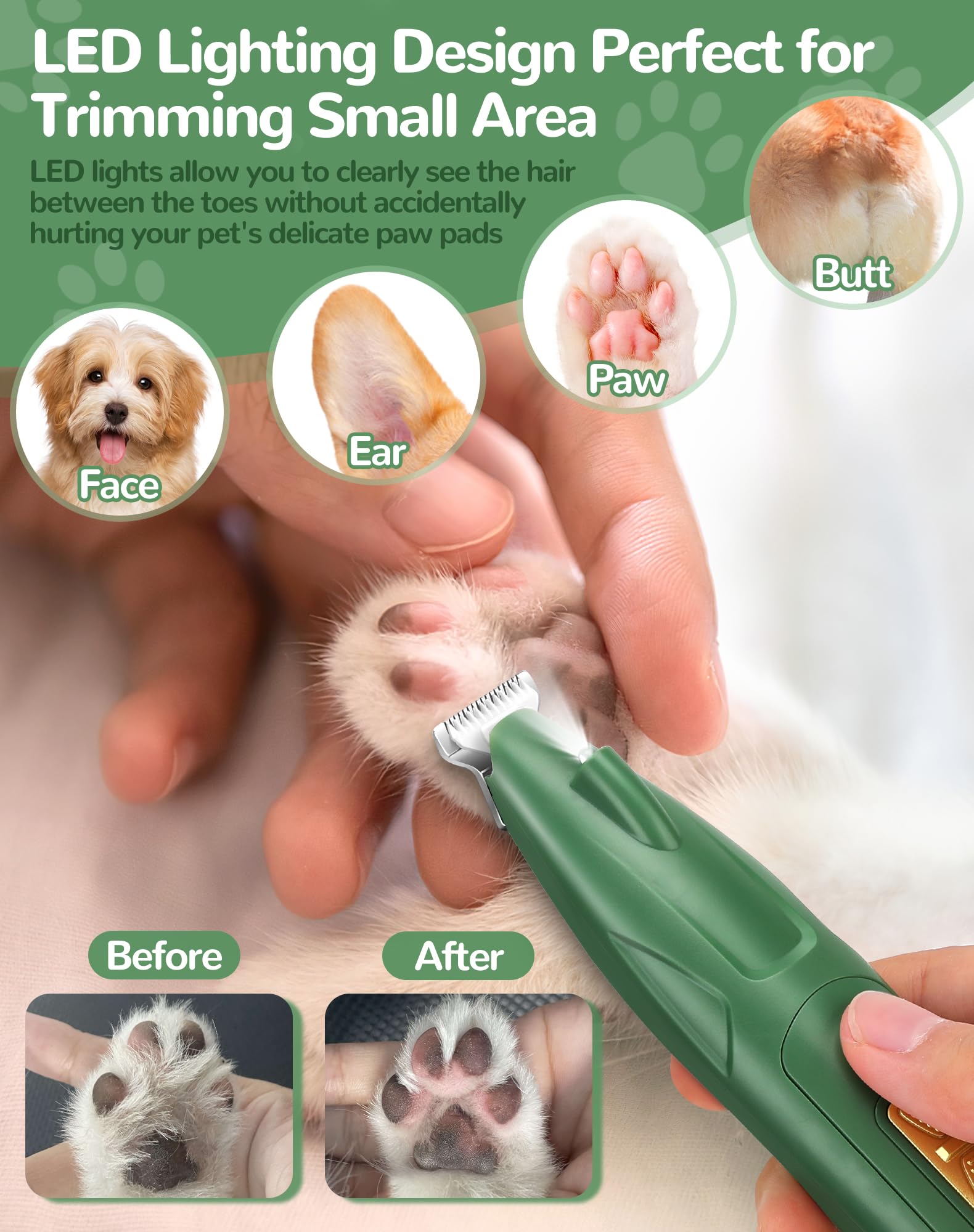 LEYOUFU Dog Paw Trimmer with LED Light, 2 Speed Dog Clippers for Grooming Small Dogs, Rechargeable Low Noise Pet Shaver for Trim