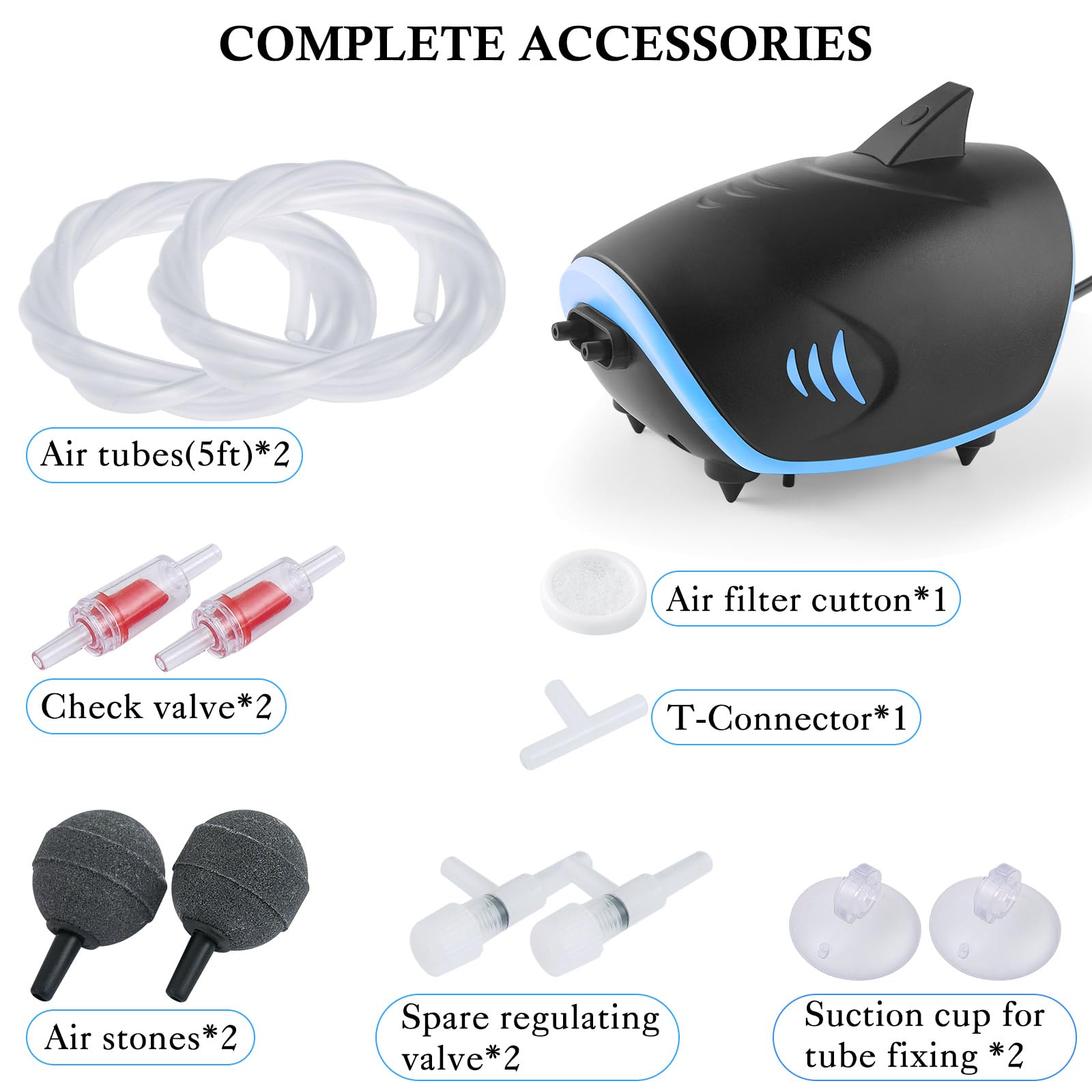 HITOP 3W Quiet Aquarium Air Pump: 80GPH Adjustable Fish Tank Air Pump with Dual Output, Powerful Shark-Shaped Aquarium Aerator,