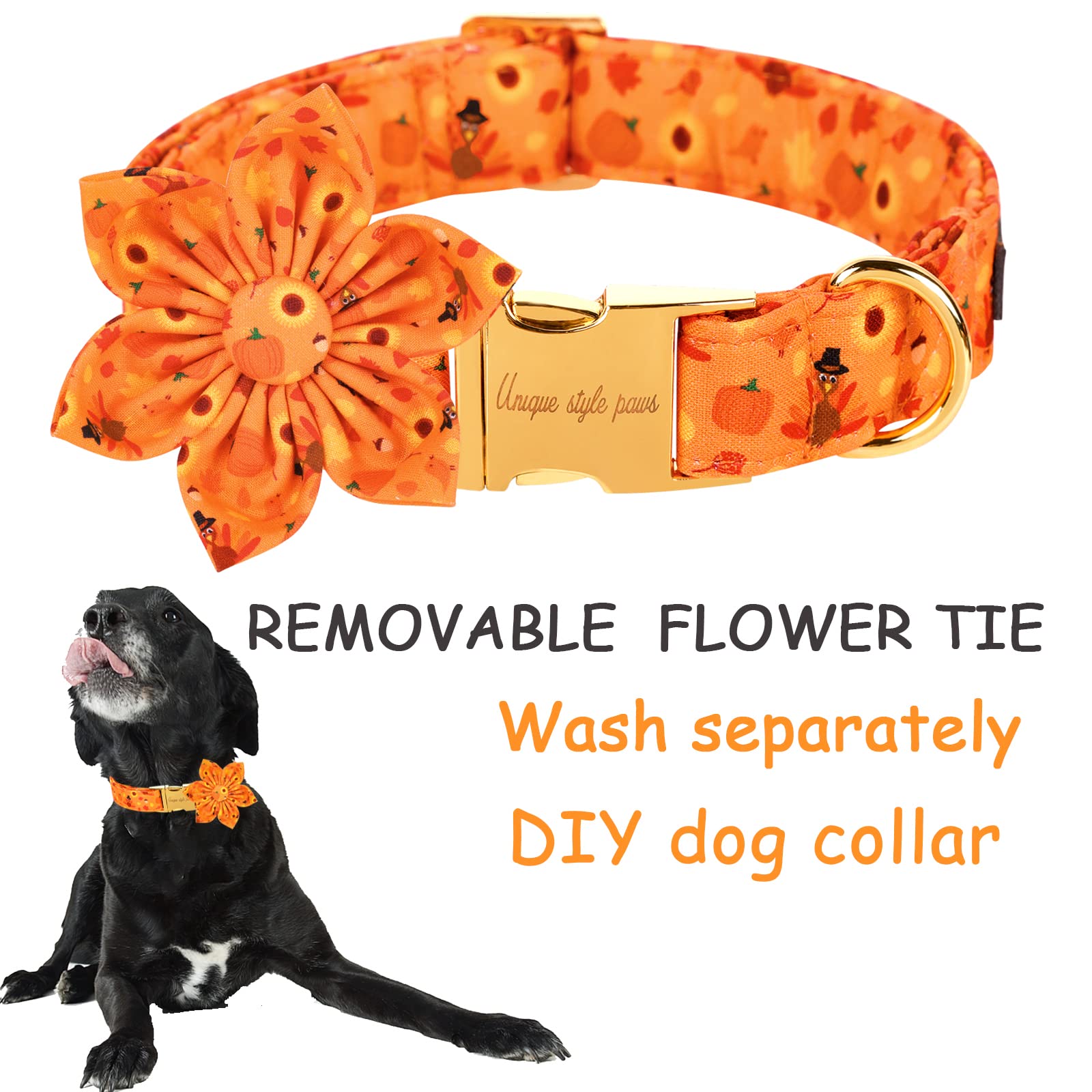 Unique Style Paws Halloween& Dog Collar With Flower Tie Pumpkin Cotton Collar Adjustable Puppy Collar Best Thanksgiving Gift For Small Medium Large Dogs-Turkey & Pumpkin Theme-Xs