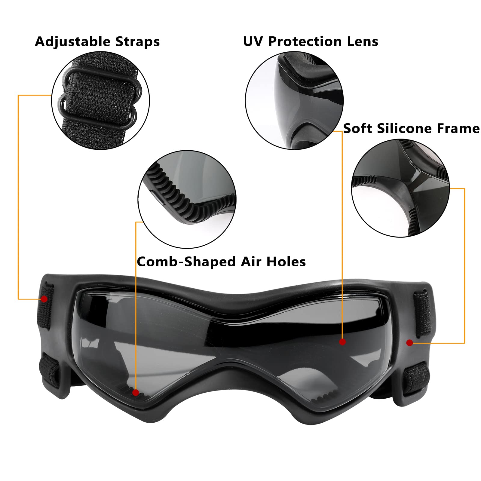 QUMY Dog Goggles UV Protection for Small to Medium Dogs, Windproof, Anti-Fog, Black, 4 Piece Set