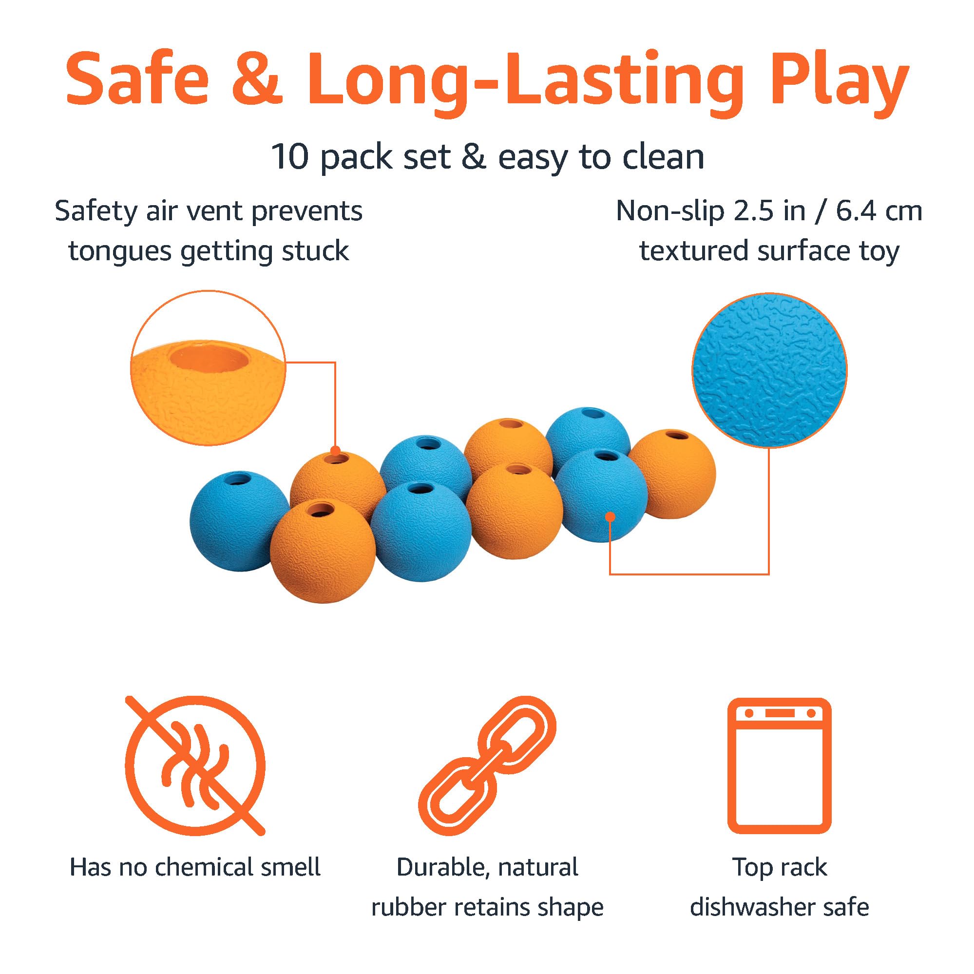 Amazon Basics Dog Toys, Interactive Fetch Rubber Balls, (Pack Of 10), 2.5 Inch, Multi-Color Blue/Orange