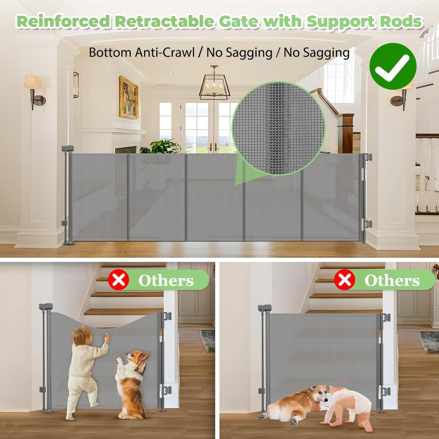 96 Inch Wide Reinforced Retractable Dog Gate with Support Rods - Prevent Crawling Under, Extra Long Retractable Baby Gate Large