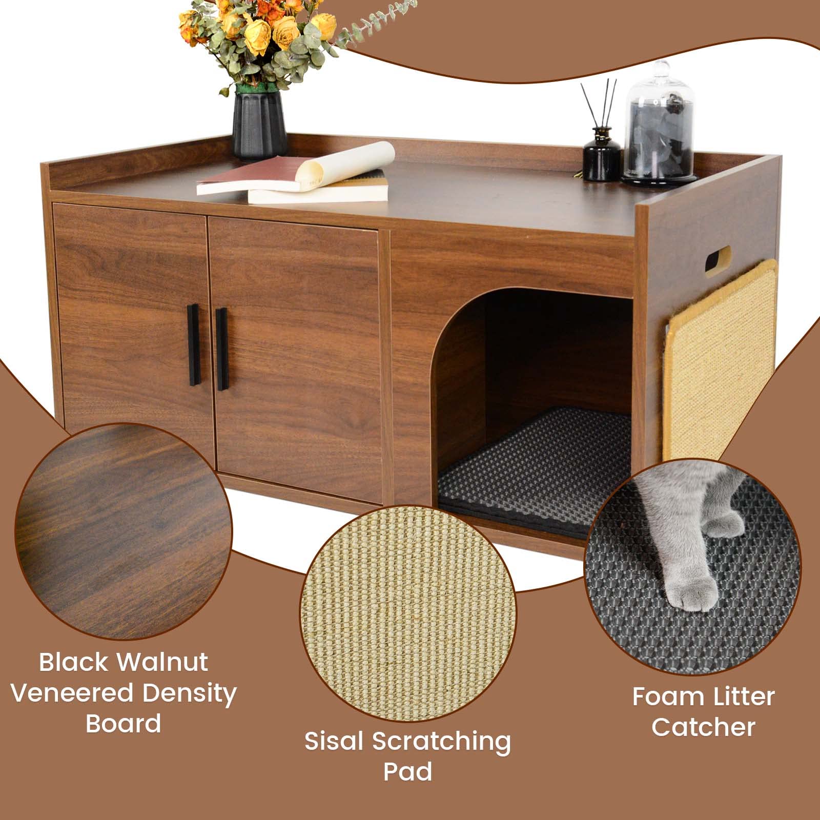 Pluroof Cat Litter Box Enclosure, Modern Cat Washroom Furniture Hidden Litter Box Cabinet As Indoor Decorative Nightstand With Scratching Pad, Rustic Brown