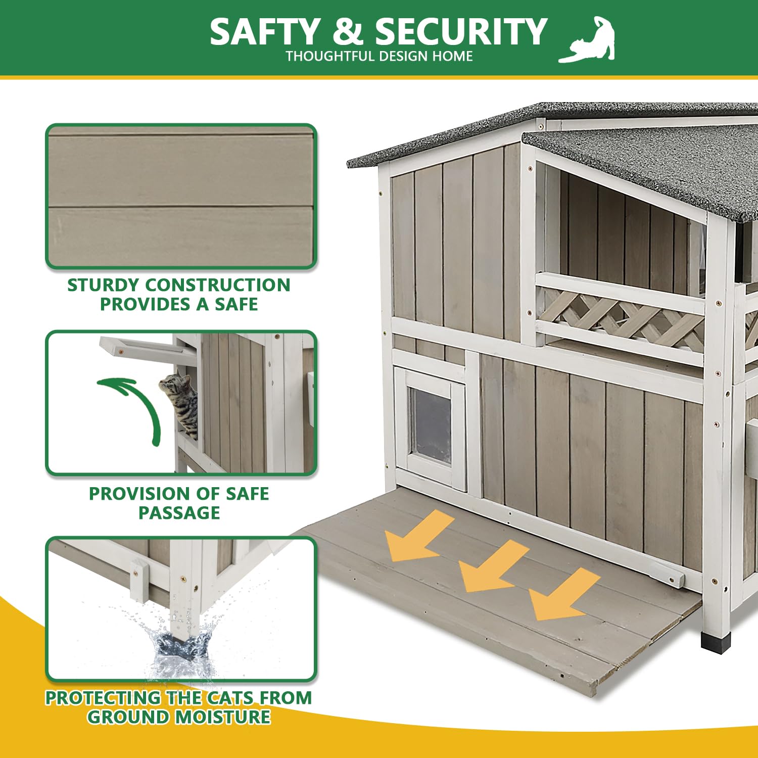 Petscosset Large Outdoor Cat House Weatherproof With Balcony 2-Story Feral Cats Shelter Indoor Cat Condo With Escape Door & Open