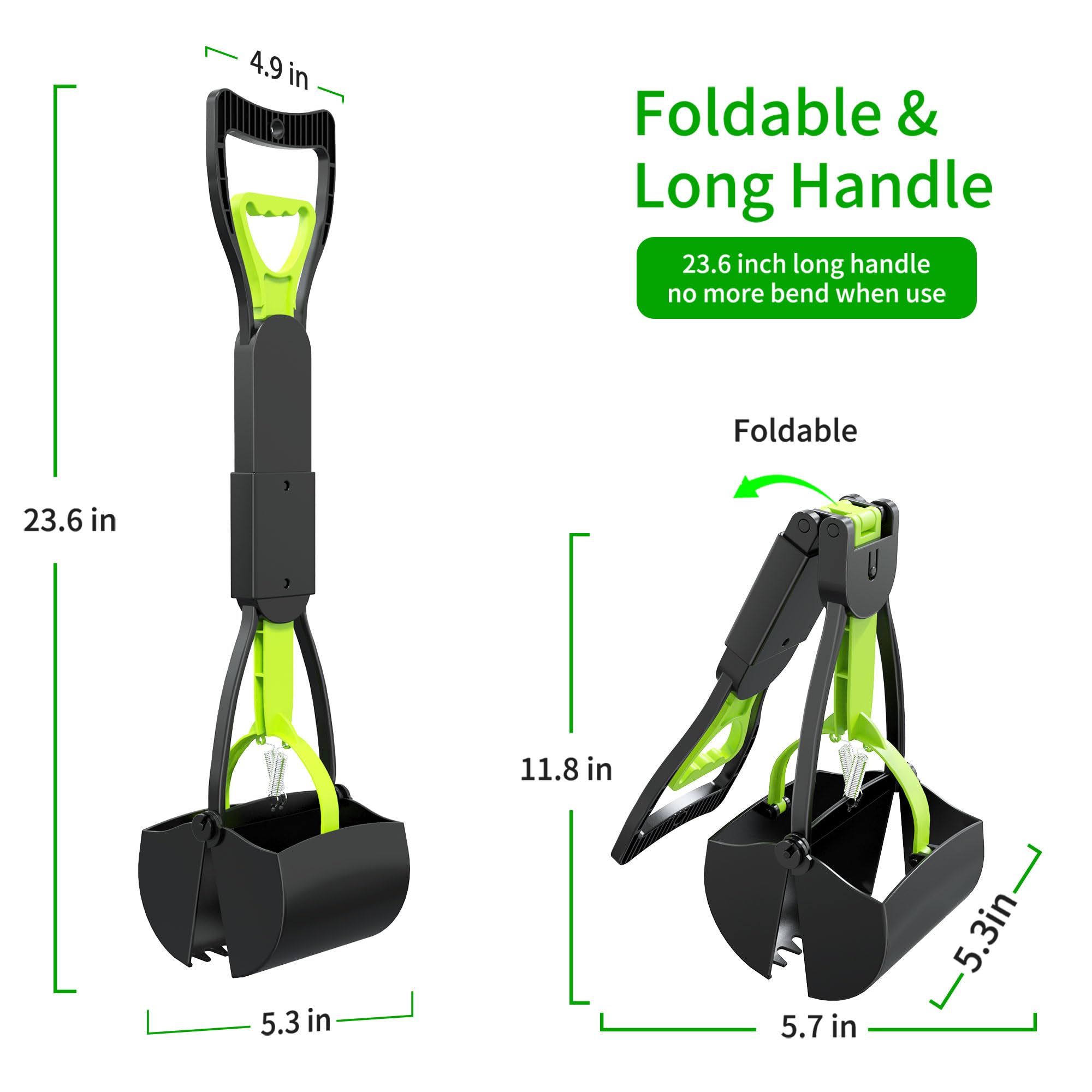 Kusmil Pooper Scooper, Foldable Dog Poop Waste Pick Up Shovel With Long Handle High Strength Material And Spring (Green