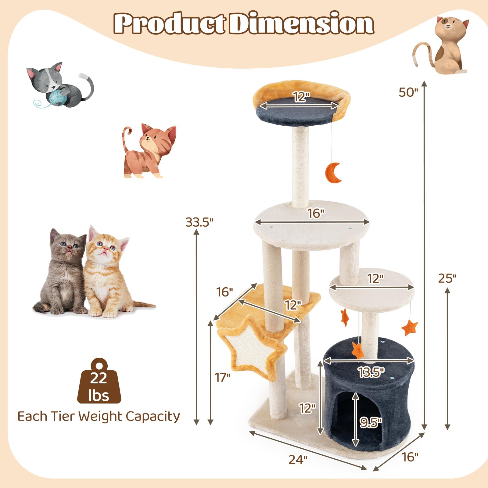Tangkula Cat Tree Tower, 50 Inch Multi-Level Cat Tower With Cat Condo, Sisal Scratching Posts & Board, Plush Top Perch & Platfor