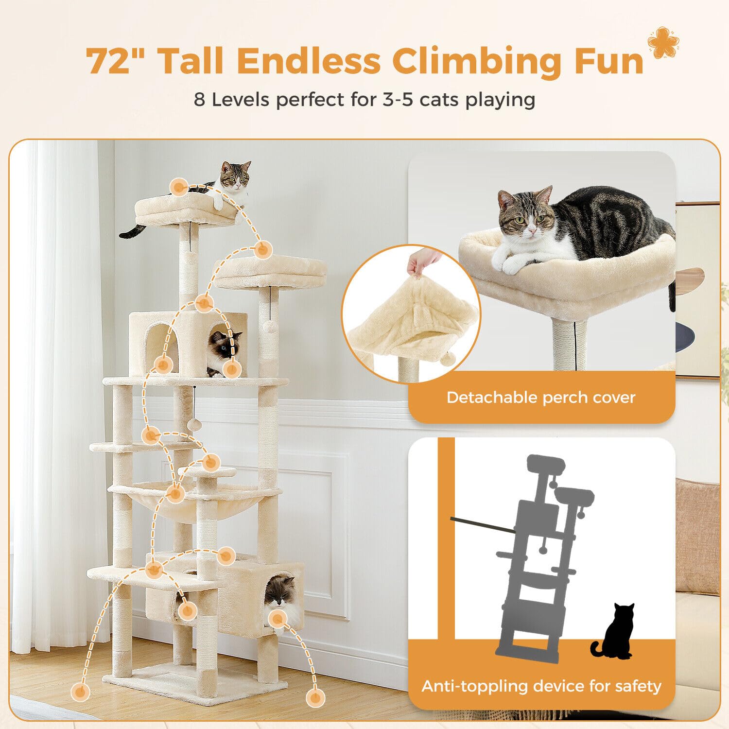 Pawz Road Large Cat Tree, 72 Inches Cat Tower For Large Cats, Cat Condo With Sisal-Covered Scratching Posts And Pads, 2 Padded P