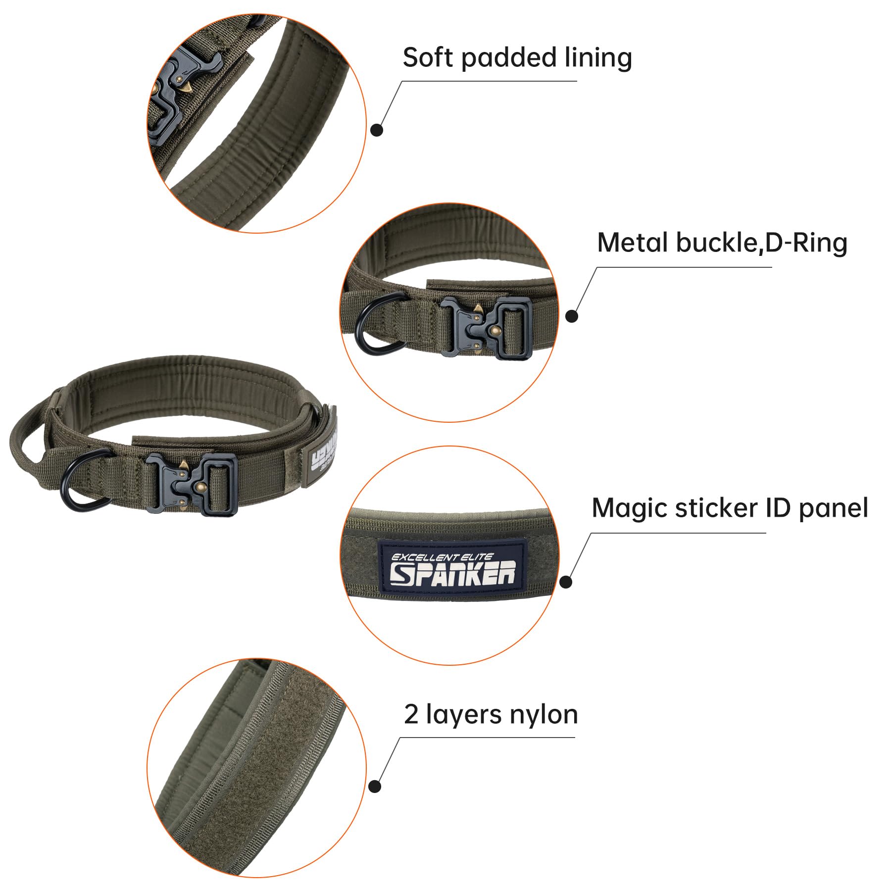 EXCELLENT ELITE SPANKER Tactical Dog Collar Nylon Adjustable Training Collar Military Dog Collar Heavy Duty Metal Buckle with Co