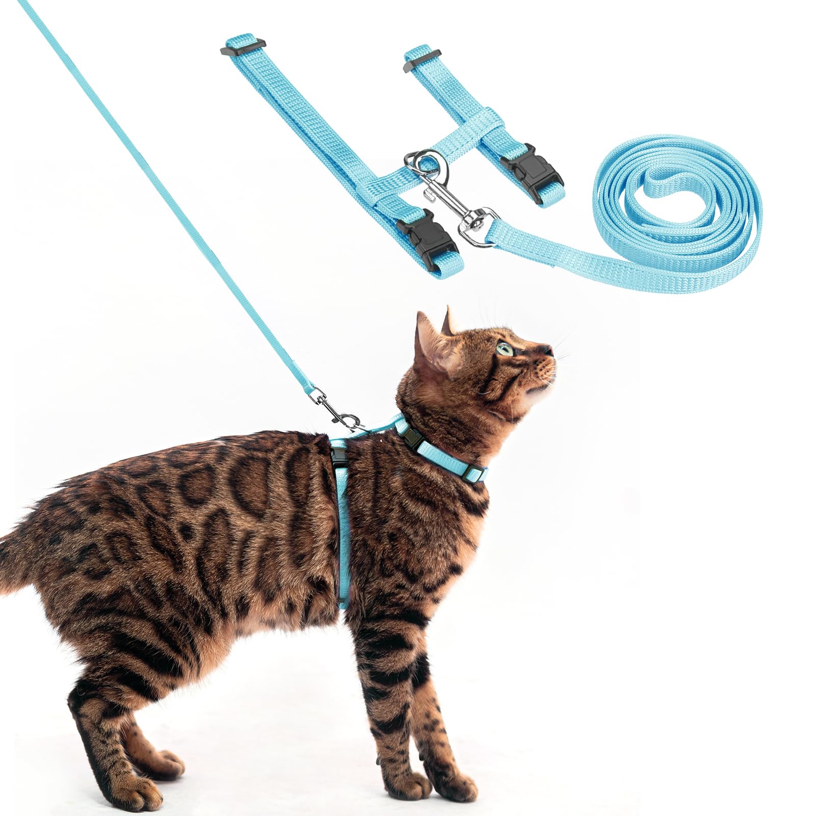 Pupteck Adjustable Cat Harness And Leash Set Escape Proof Kitten Strap Collar For Walking Travel, Sky Blue, M
