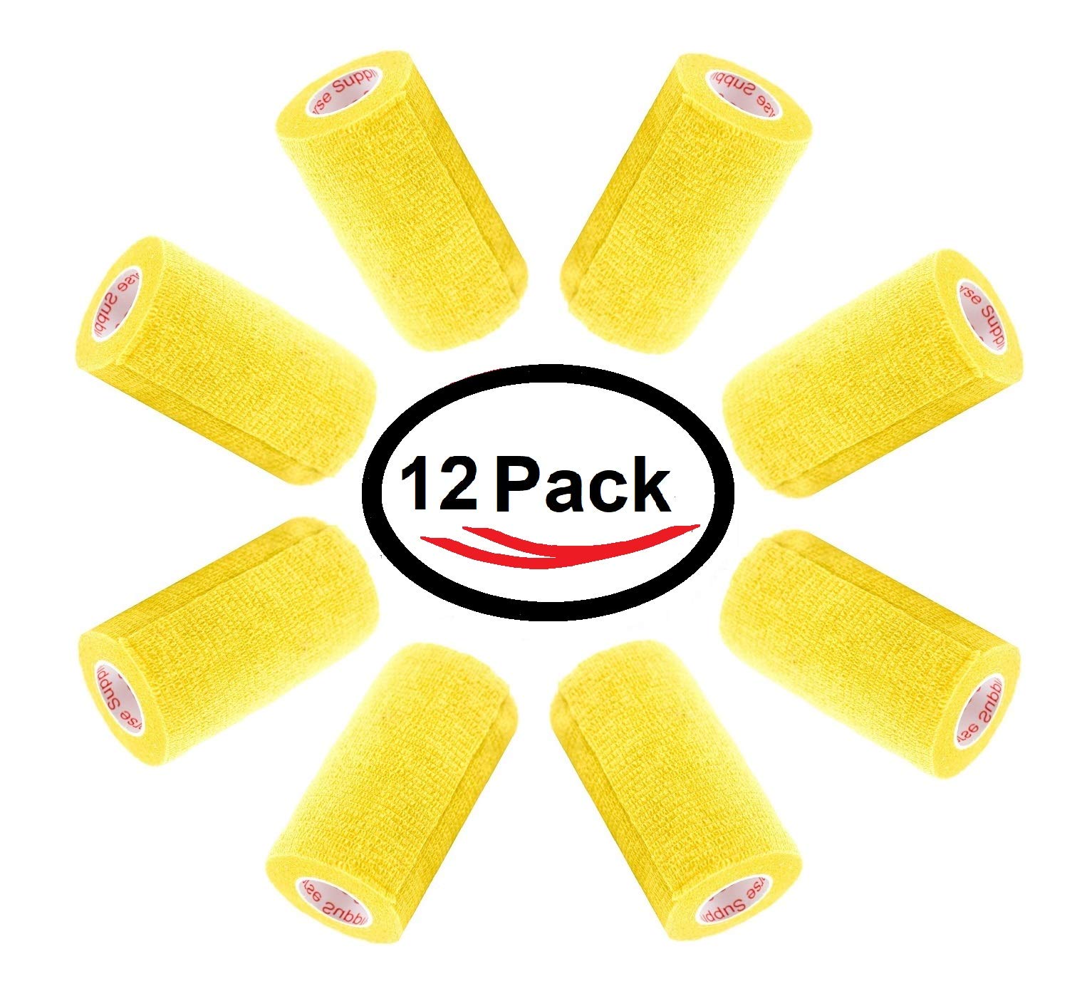 3 Inch Vet Wrap Tape Bulk (Yellow) (Pack of 12) Self Adhesive Adherent Adhering Flex Bandage Grip Roll for Dog Cat Pet Horse