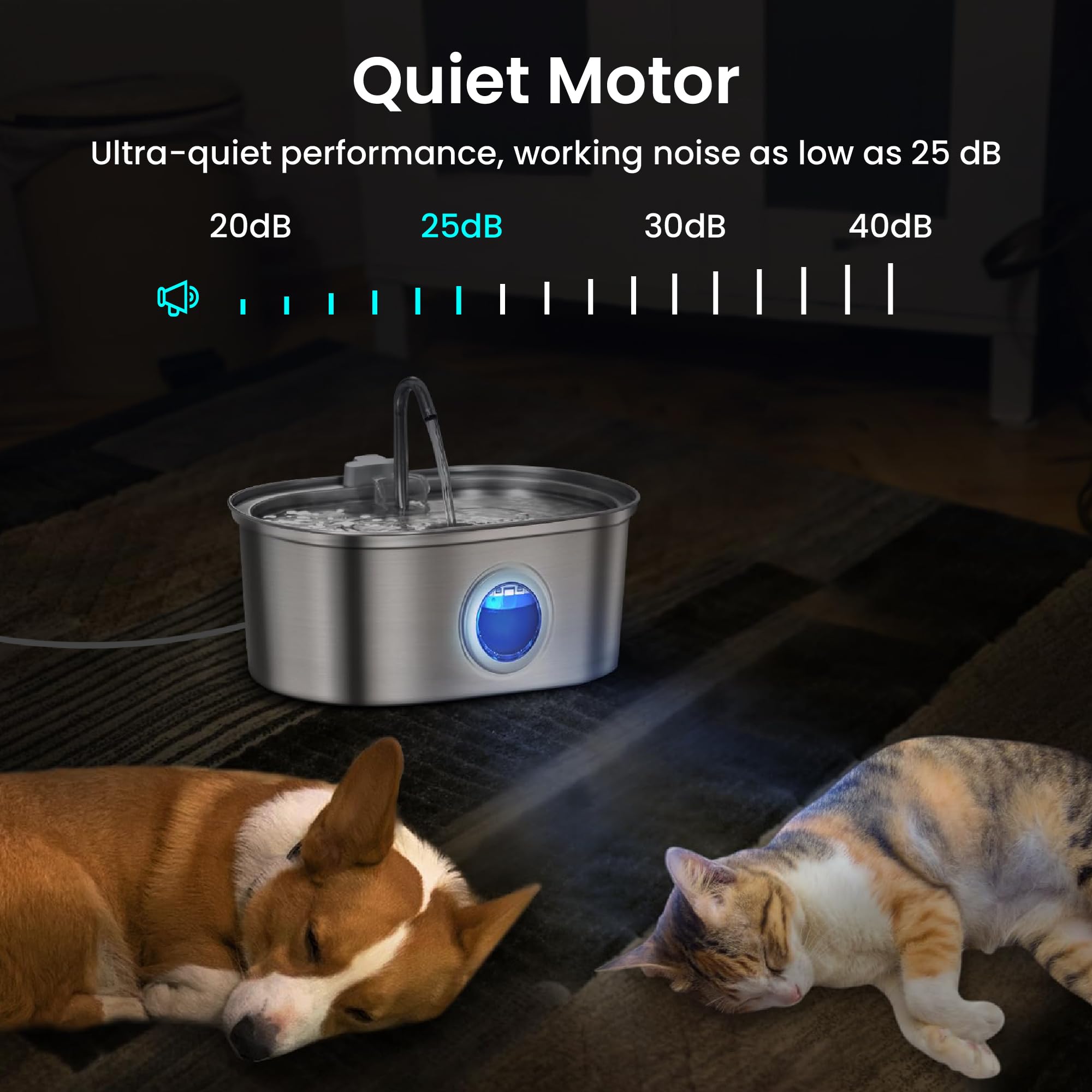 Pawspik Stainless Steel Cat Water Fountain, 108 Oz/3.2 L Automatic Cat & Dog Water Dispenser With Detachable Tank, Quiet Pump