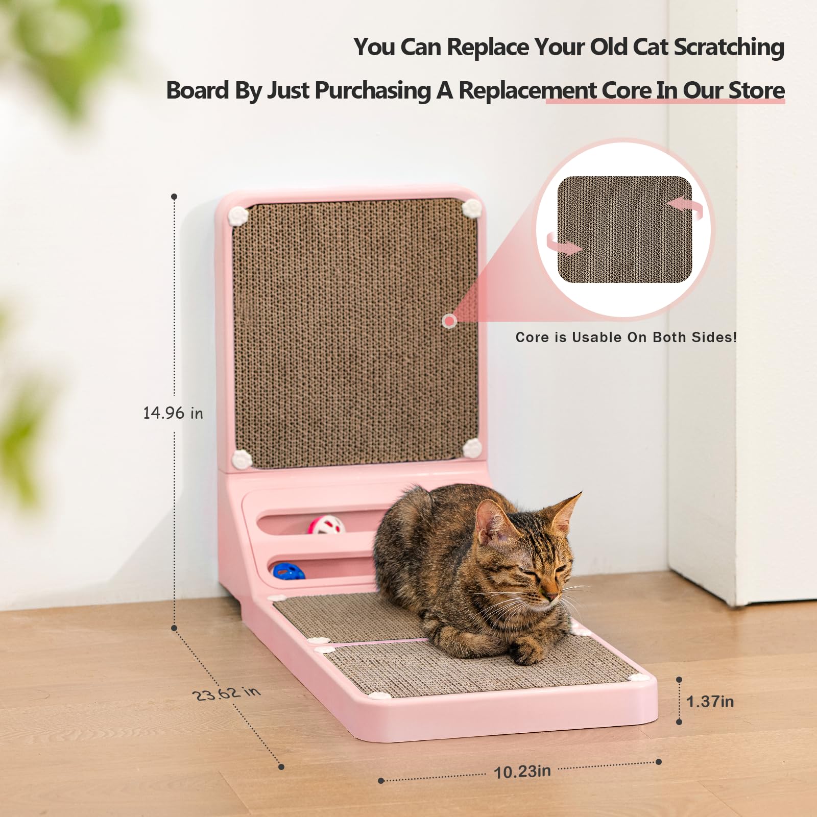 Goosheep L Shaped Cat Scratcher With Replacement Pads - Wall Scratching Board & Ball For Indoor Cats - Pink