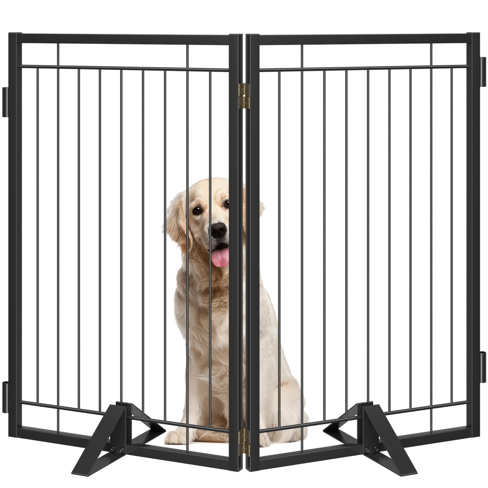 Metal Freestanding Dog Gate with Cat Door for Indoor&Outdoor,40 Extra Wide Foldable Pet Gate,32 Tall Puppy Fence for Wide Openin