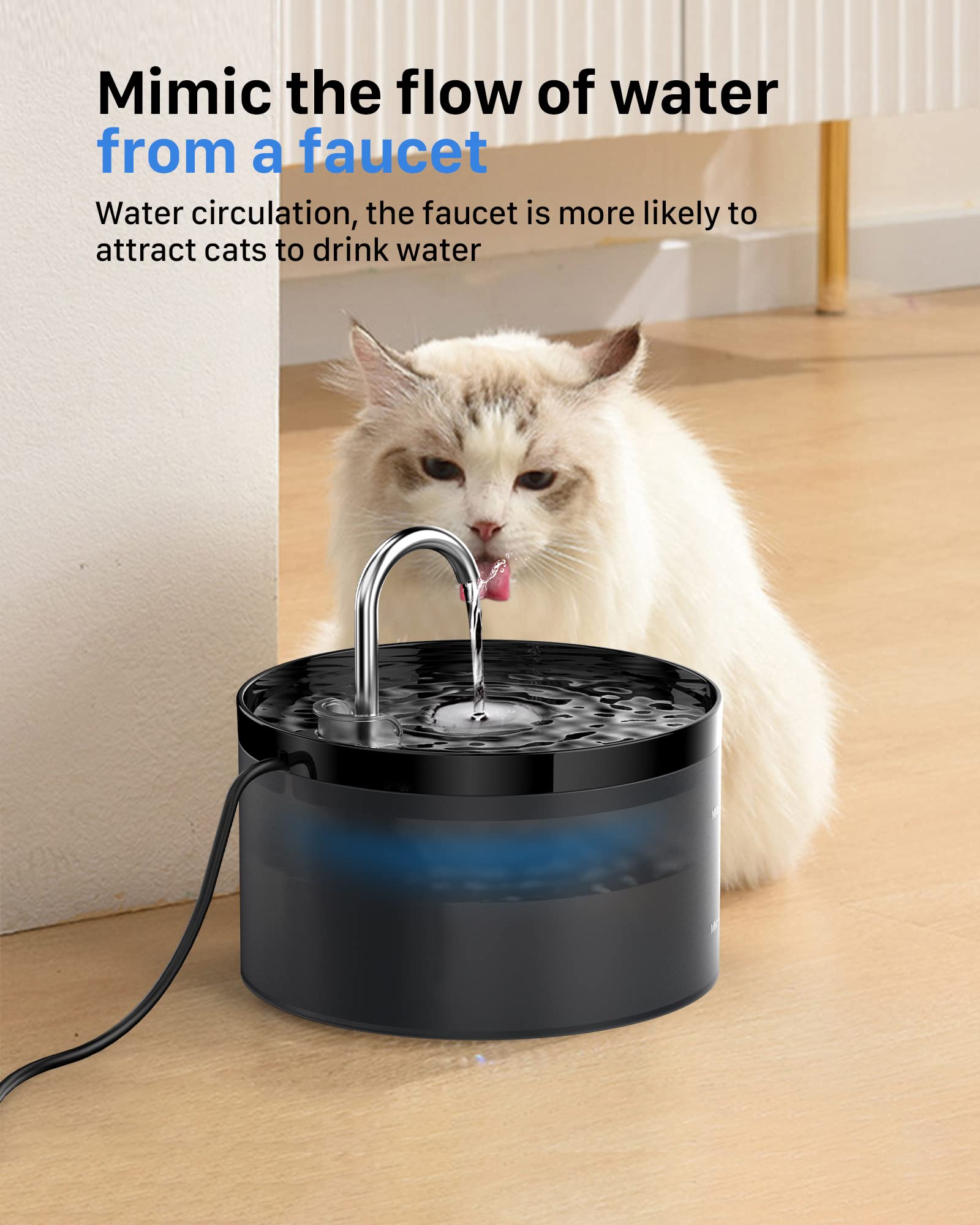 GIOTOHUN Cat Water Fountain 67oz/2L Black Plastic Dispenser with 6 Filters & 3 Sponges - Model H1-BPRO