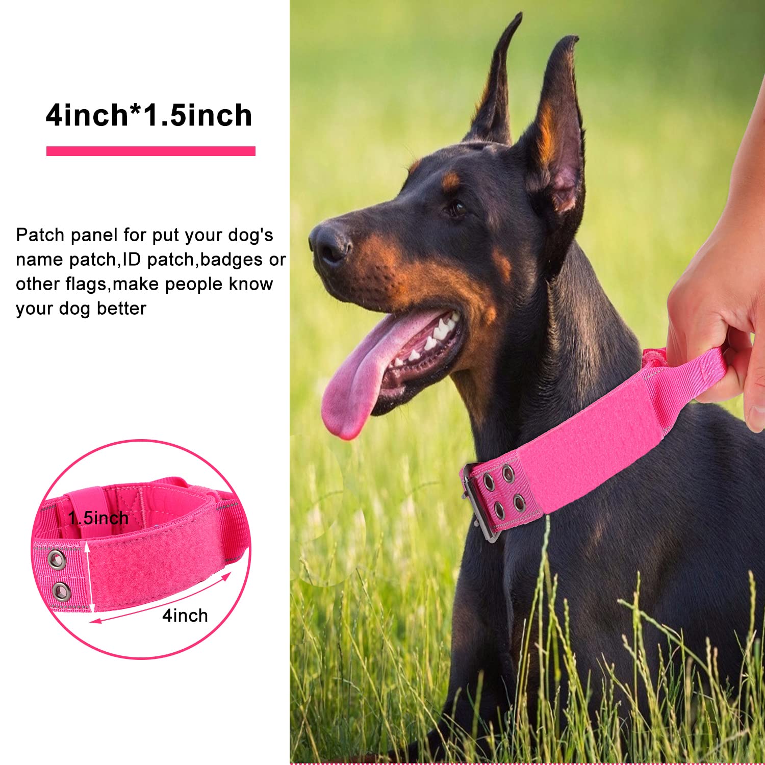 Yunleparks Reflective Dog Collar Heavy Duty Tactical With Control Handle And Metal Buckle For Dog Training(M,Pink)