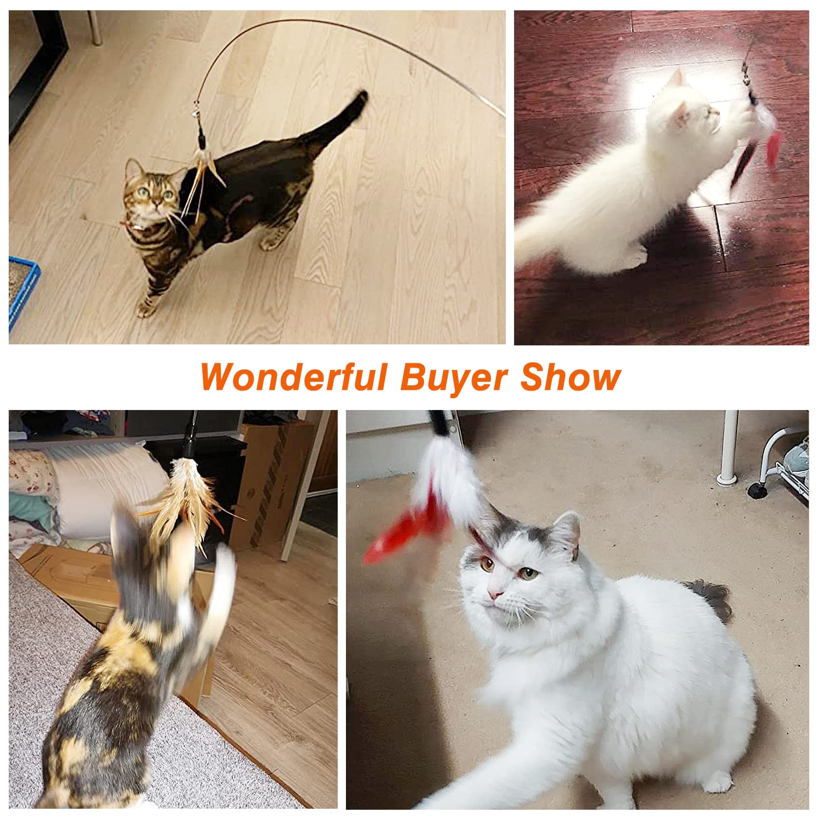 Pawaboo Feather Teaser Cat Toy, Interactive Feather Wand Cat Toy Flying Feather Cat Catcher With Extra Long 34.5' Wand And Small Bell, Fun Exerciser Playing Toy For Kitten Or Cat, Brown Feather