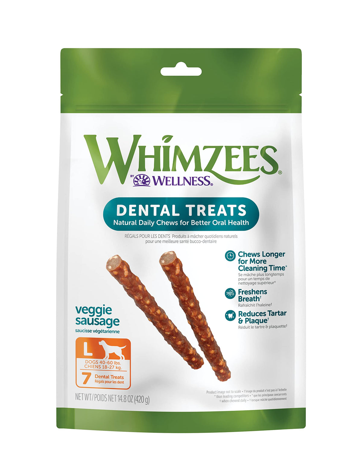 Whimzees Natural Grain Free Daily Dental Long Lasting Dog Treats, Veggie Sausage, Large, Bag Of 7