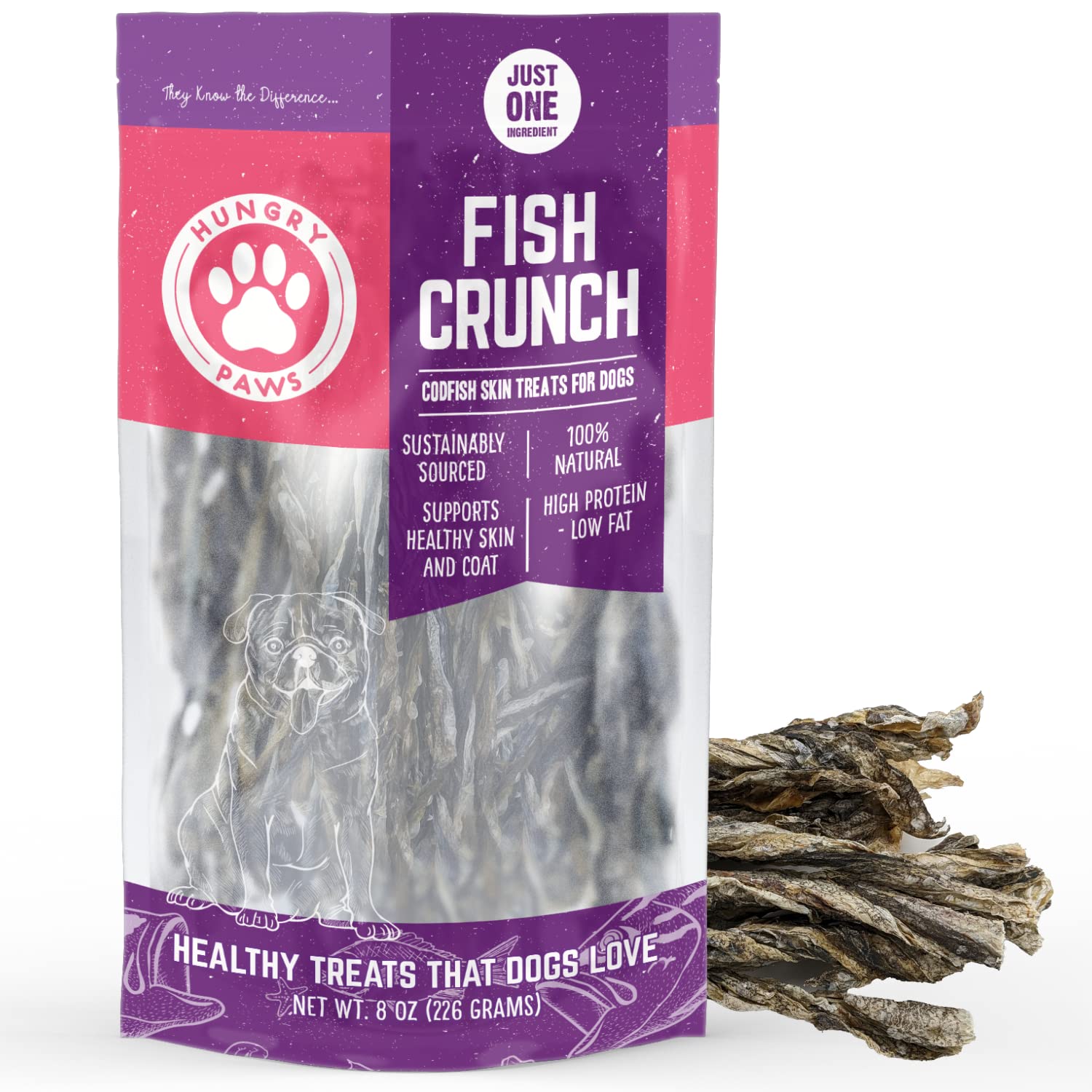 Hungry Paws Cod Skins Dog Training Treats - All Natural & Healthy Fish Skin Snacks for Dogs Boost Their Coat and Oral Health wit