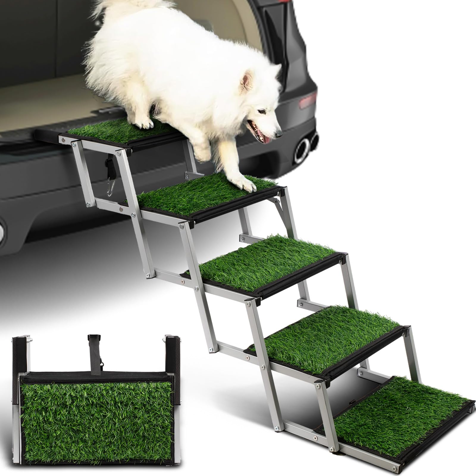Dog Stairs For Car, Portable Folding Dog Ramps,Dog Steps For Large Dogs With Non-Slip Grass Rug For Cars, Suv, Trucks, Lightweig