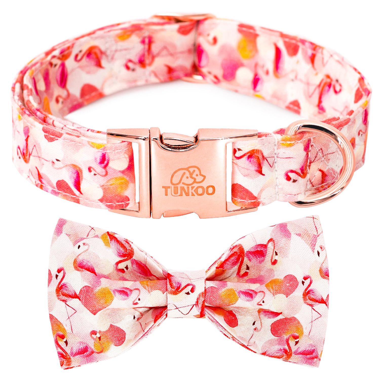 Tunkoo Super Cute Dog Collar With Bow Tie Pink Flamingo Heart - Durable, Adjustable, And Stylish Pet Collar Available In Small M