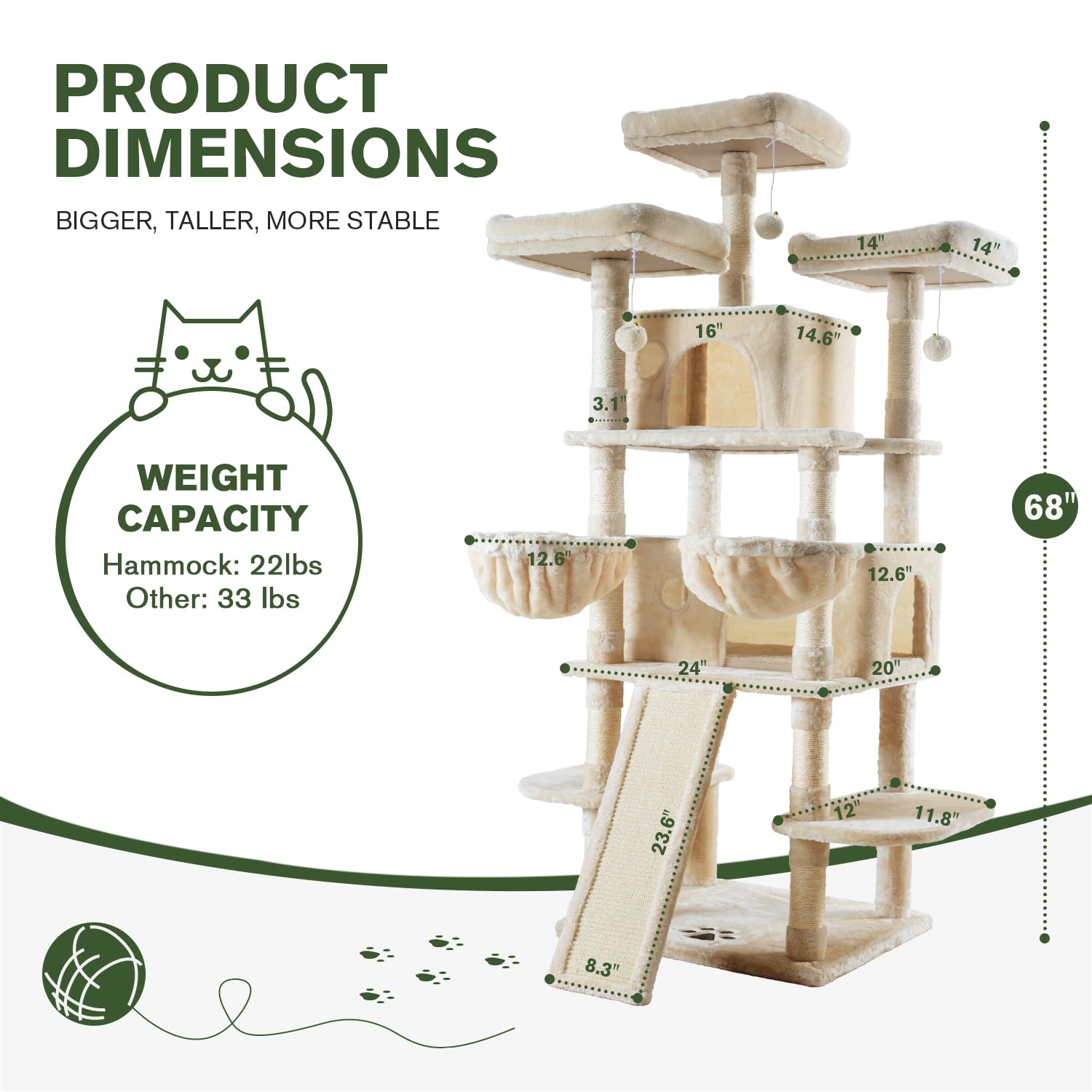 Imusee 68 Inches Multi-Level Cat Tree For Large Cats/Big Cat Tower With Cat Condo/Cozy Plush Perches/Sisal Scratching Posts And