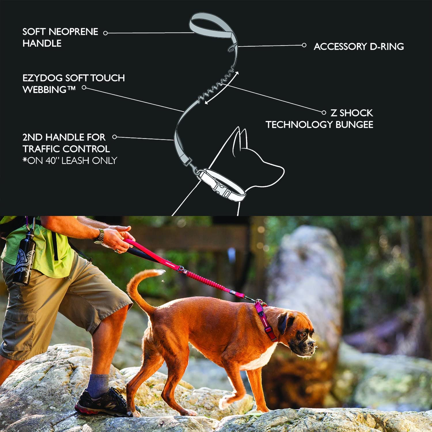 EzyDog Zero Shock Bungee Dog Leash - 48-Inch, Black, Shock Absorbing, Dual Handle, Reflective for Large, Medium, Small Dogs