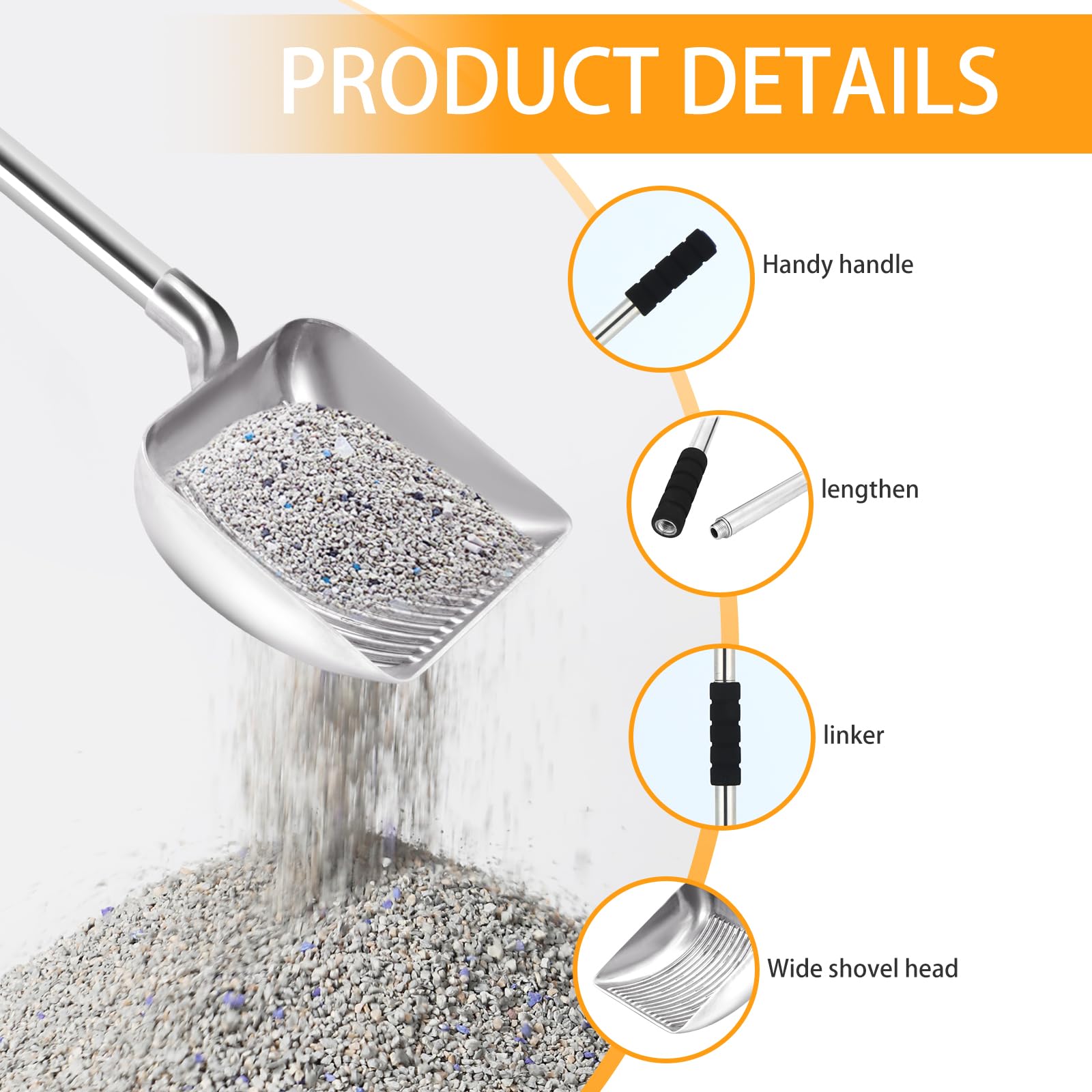 Metal Cat Litter Scoop - 32In Metal Deep Shovel - Removable Stainless Steel - No Bending Back Heavy Duty Cat Litter Scoop - Non-