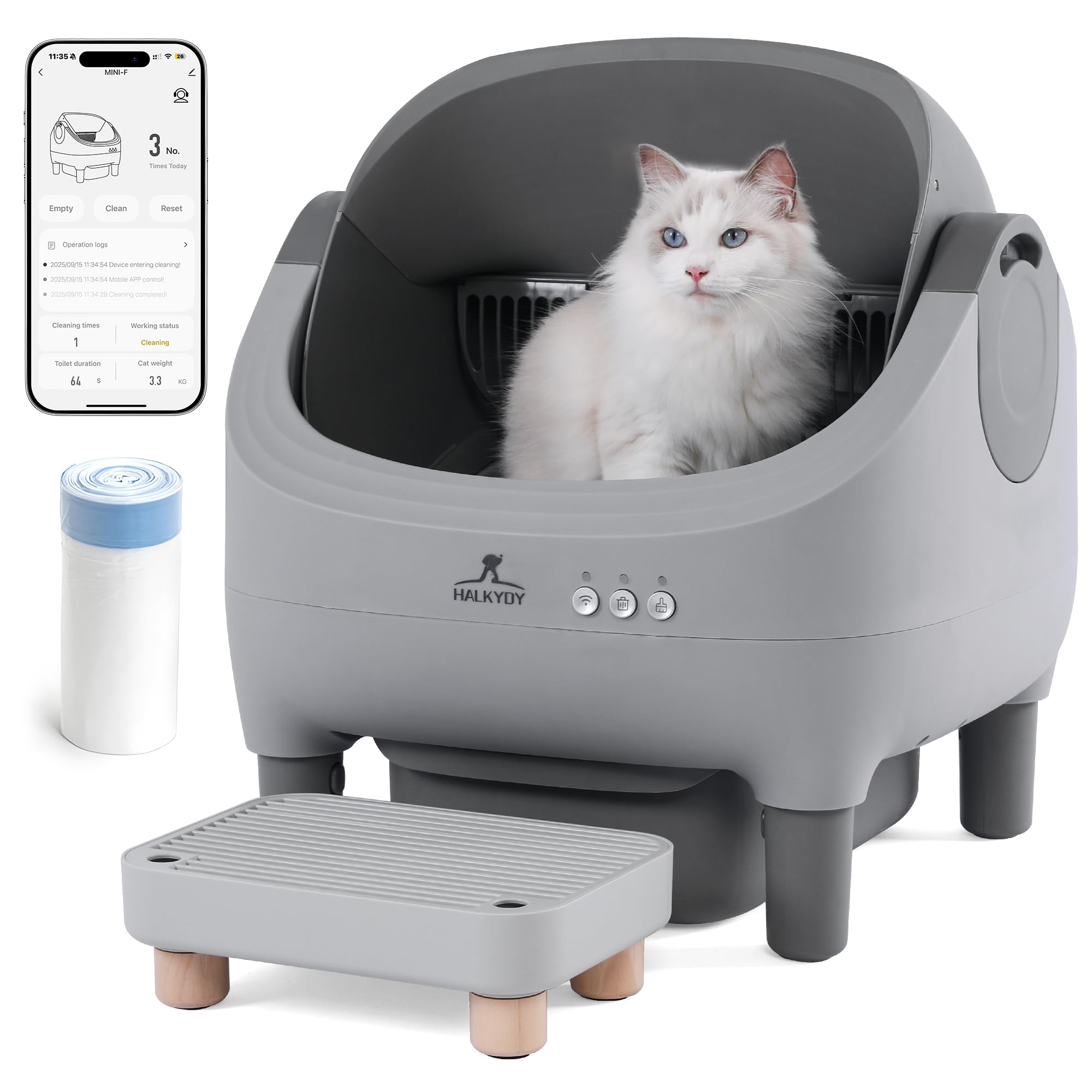 Automatic Litter Box with Raised Step, for Multiple Cats, Open Top Large Capacity Self Cleaning Litter Box, Safety Protection, S