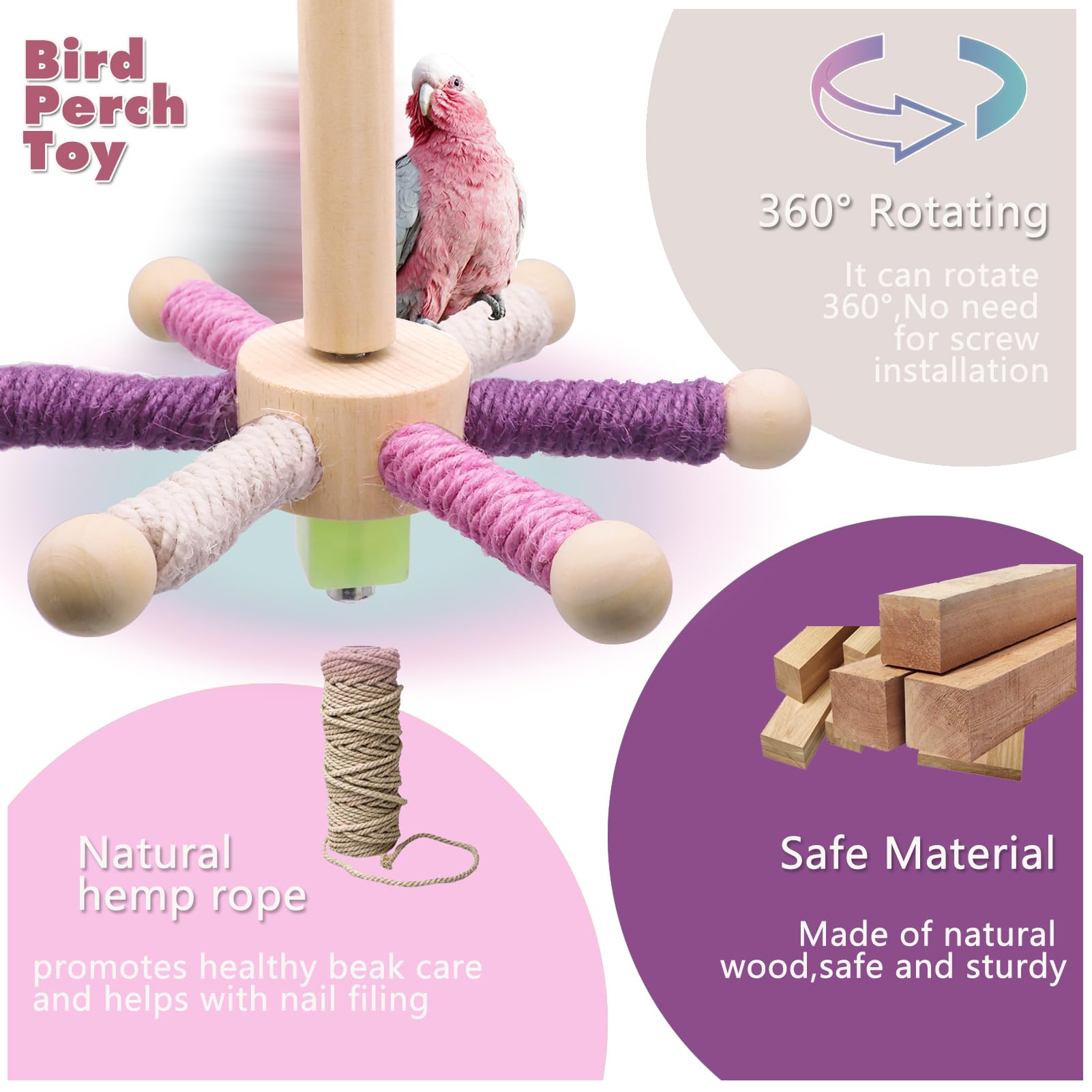 Failun Bird Stand Perch Toy, Parakeet Interactive Rotating Toys,Wooden Exercise Wheel Parrot Toys,Cockatiel Toys For Birds Cage