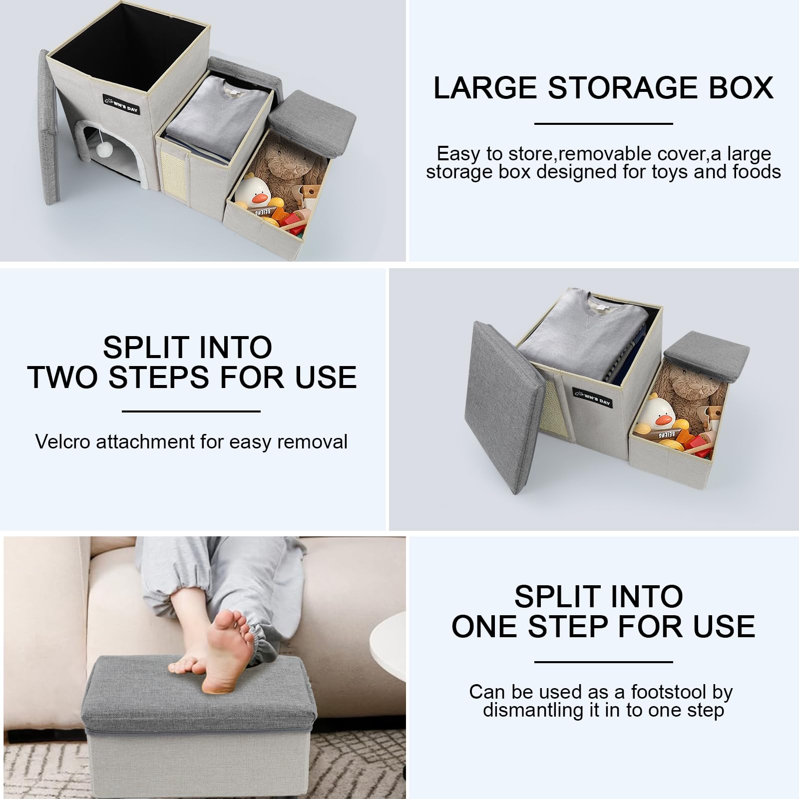 Wn's Day Dog Stairs for Bed Couch, 2 Steps 13"H, Grey, Folding with Storage, Supports Up to 220LBS, Model Wn's Day-815