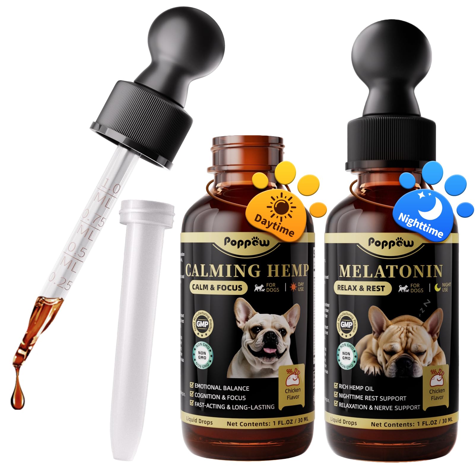 POPPAW Dog Calming & Melatonin Drops, Day & Night Calm Support Set, Soothe Separation & Stress, Enhance Calmness & Sleep with Va