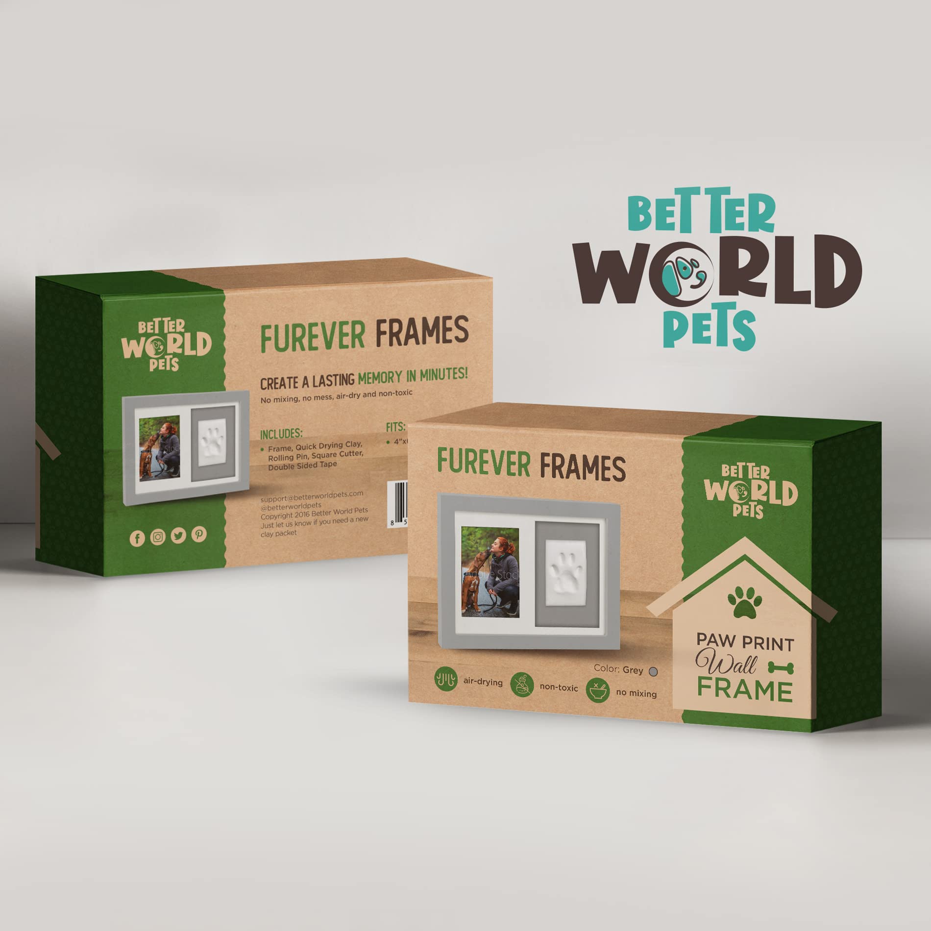 Better World Pets Paw Print + Photo Keepsake Frame Holds 4 X 6 Inch Picture - Memorial Clay Imprint Kit - For Dogs And Cats - Pe