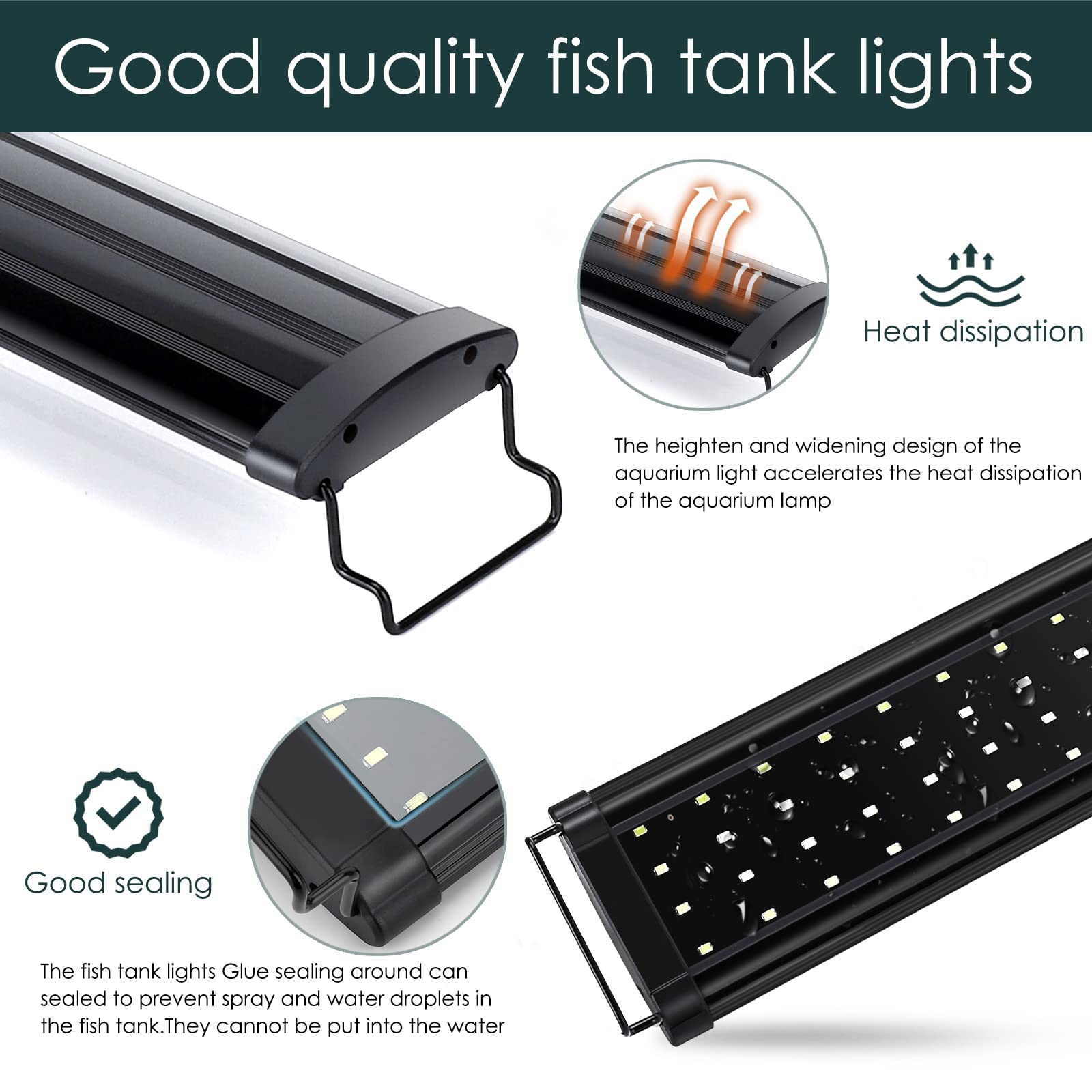 AQQA Aquarium Light - Full Spectrum LED Fish Tank Light, 12"-54" Adjustable, 14W-31W, Black, Model AQ085, for Freshwater Plants