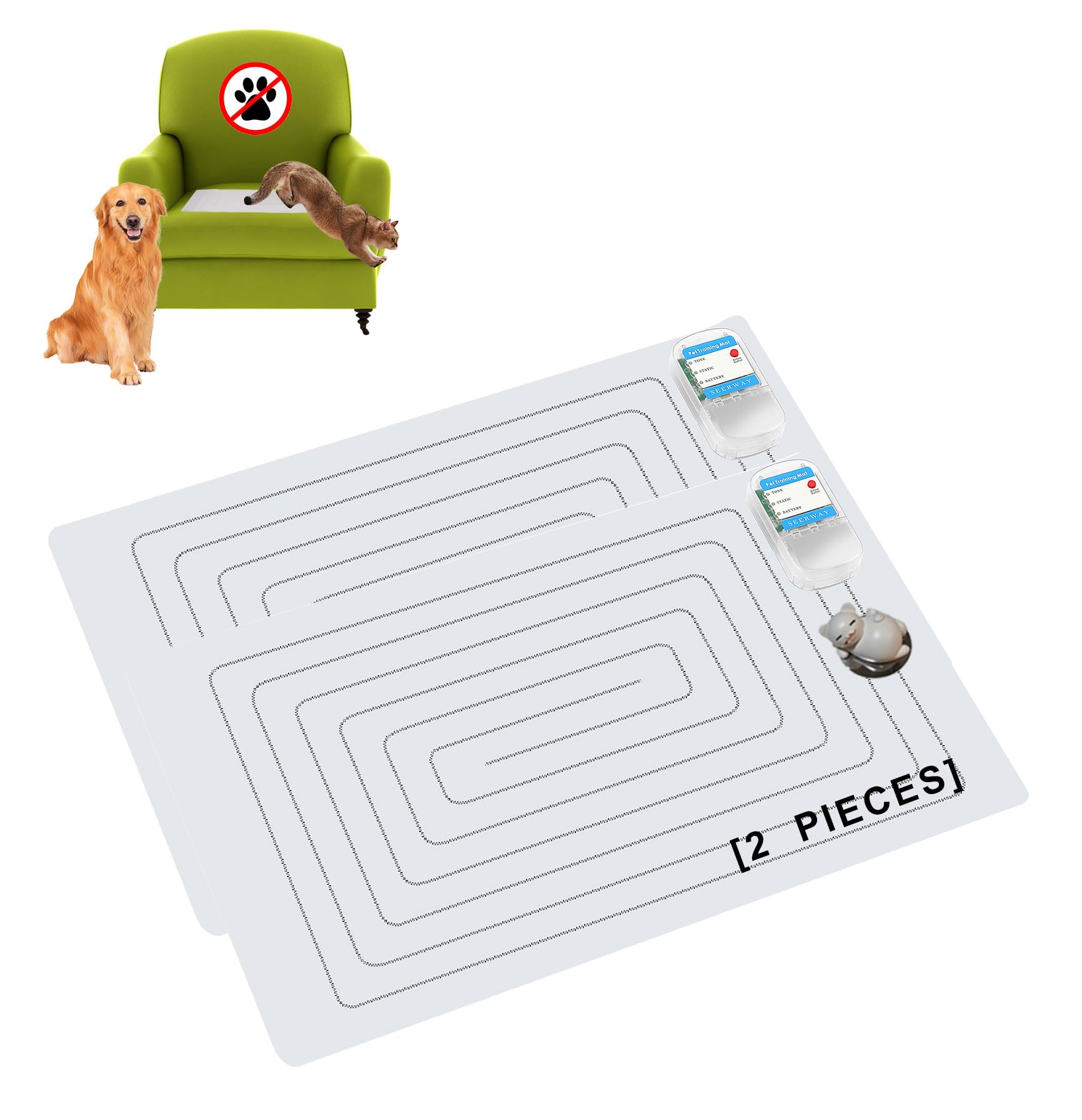 Seerway Scat Pet Shock Mat 2 Pieces With Tester, Shock Pad For Dog And Cat Training Indoor, Electric Repellent Mat Keeps Pet Off